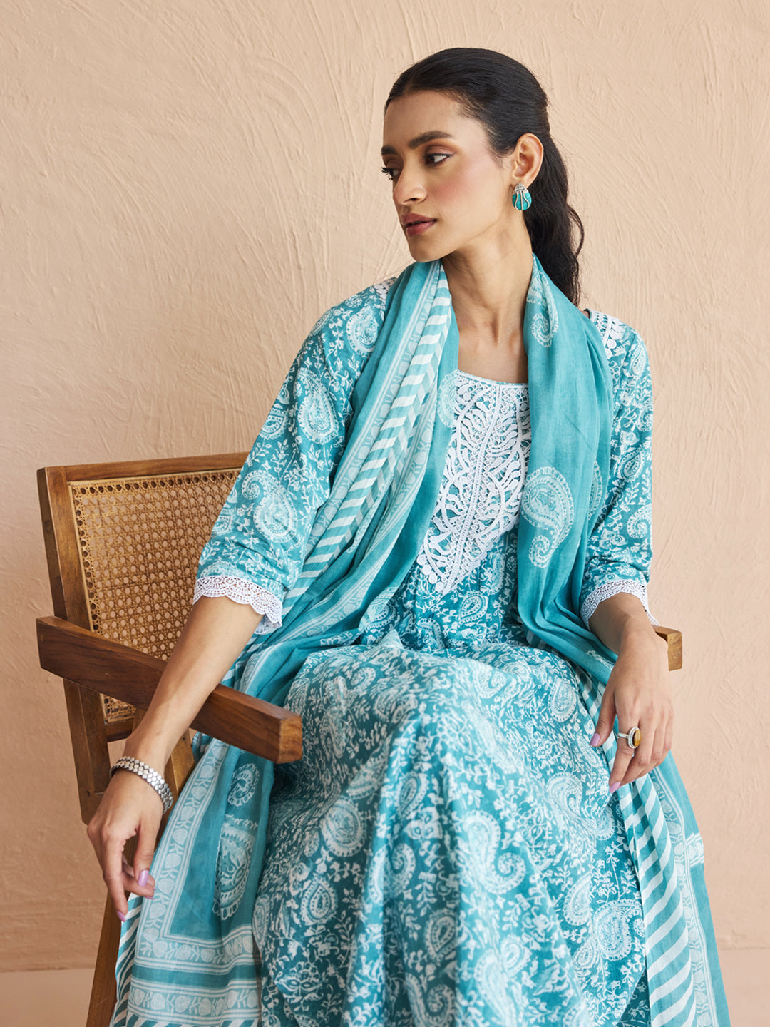 Dhiyona FL Women's Firozi Printed Cotton Anarkali Kurta Set with Dupatta