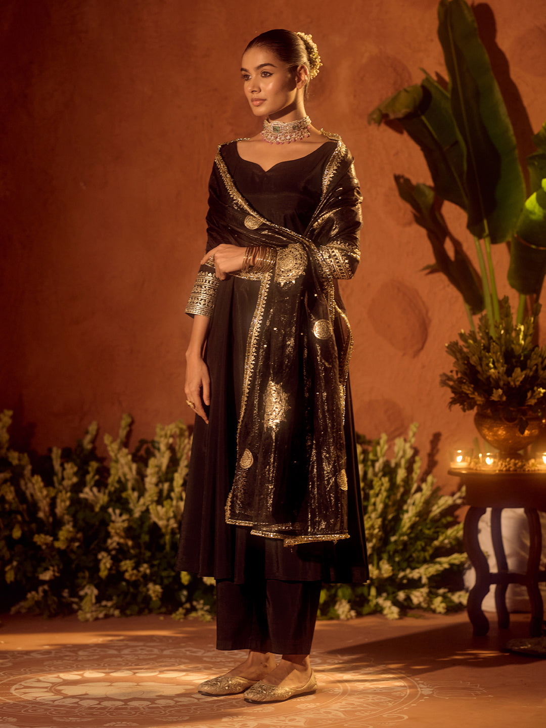 Dhiyona FL Women's Black Viscose Chanderi Embroidered Ethnic Anarkali Kurta Set with Dupatta