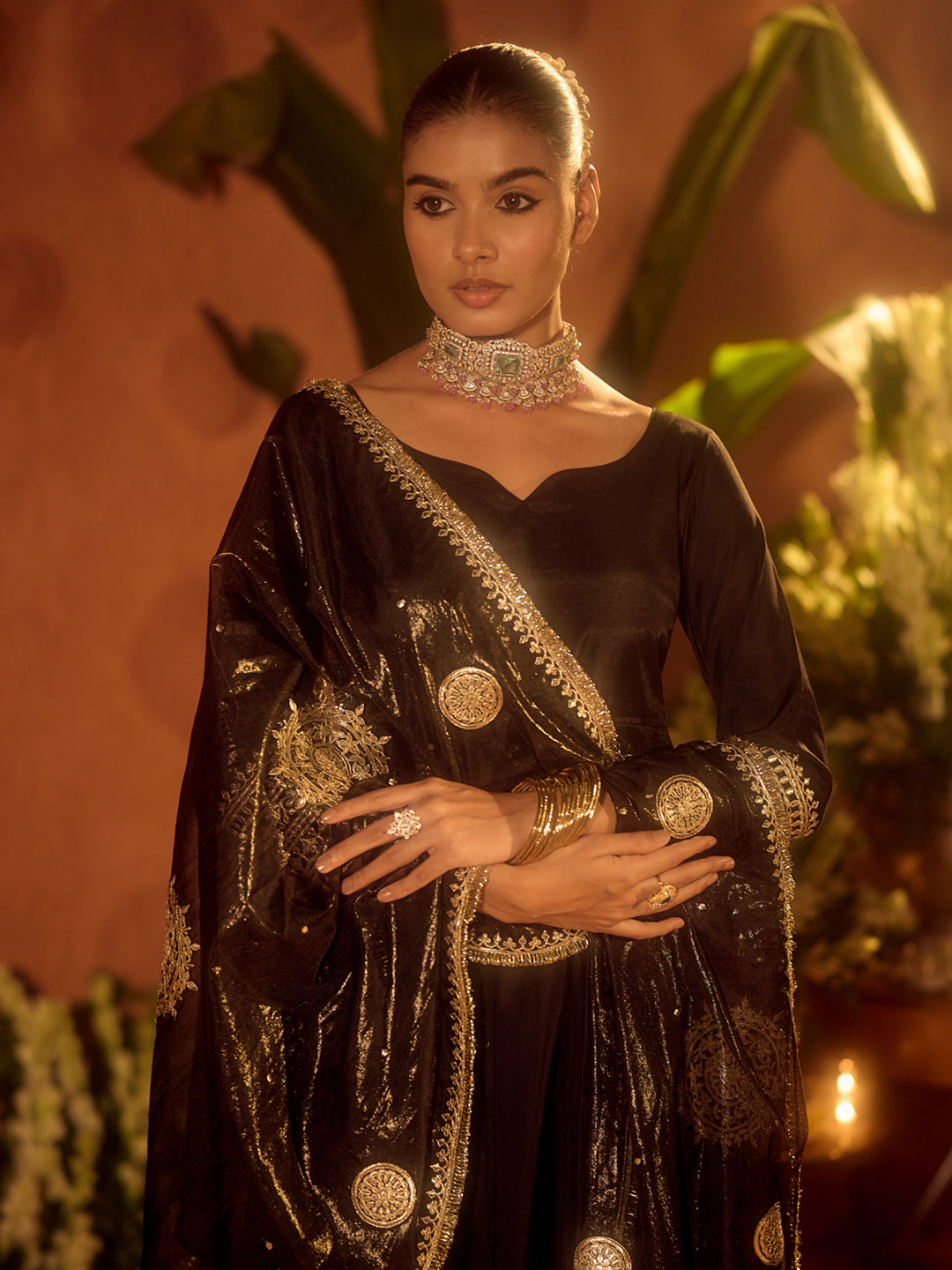 Dhiyona FL Women's Black Viscose Chanderi Embroidered Ethnic Anarkali Kurta Set with Dupatta