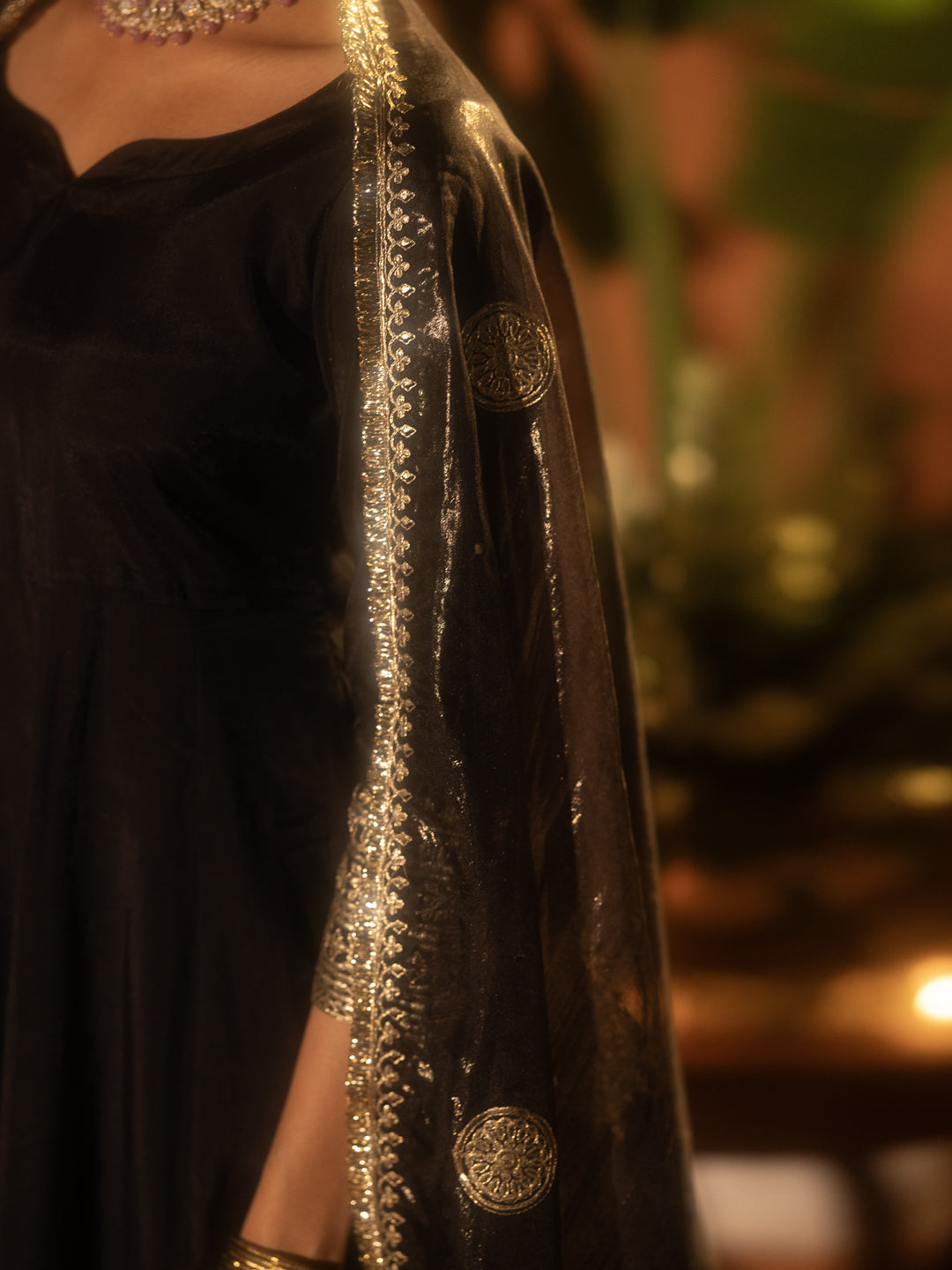 Dhiyona FL Women's Black Viscose Chanderi Embroidered Ethnic Anarkali Kurta Set with Dupatta