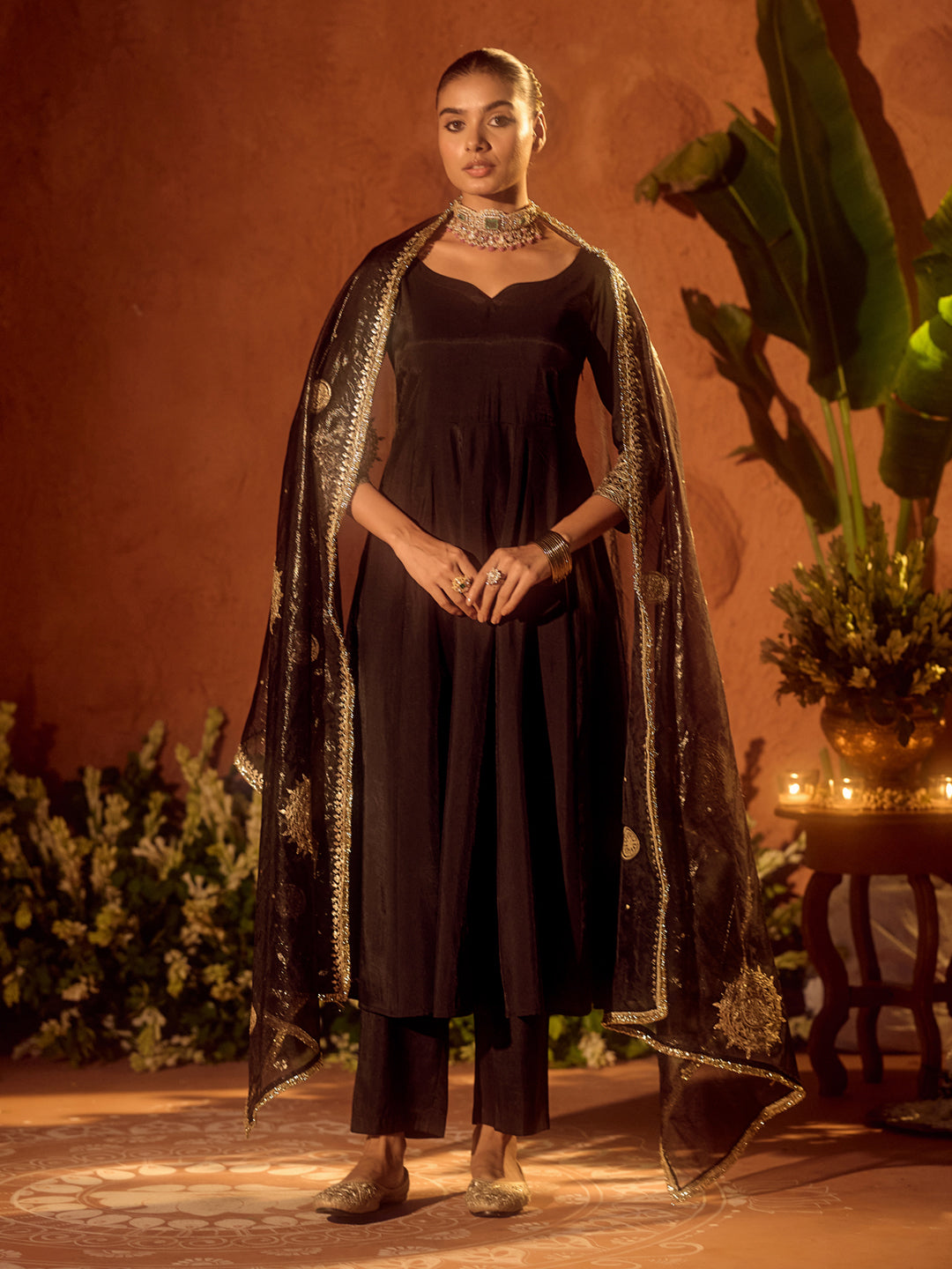 Dhiyona FL Women's Black Viscose Chanderi Embroidered Ethnic Anarkali Kurta Set with Dupatta