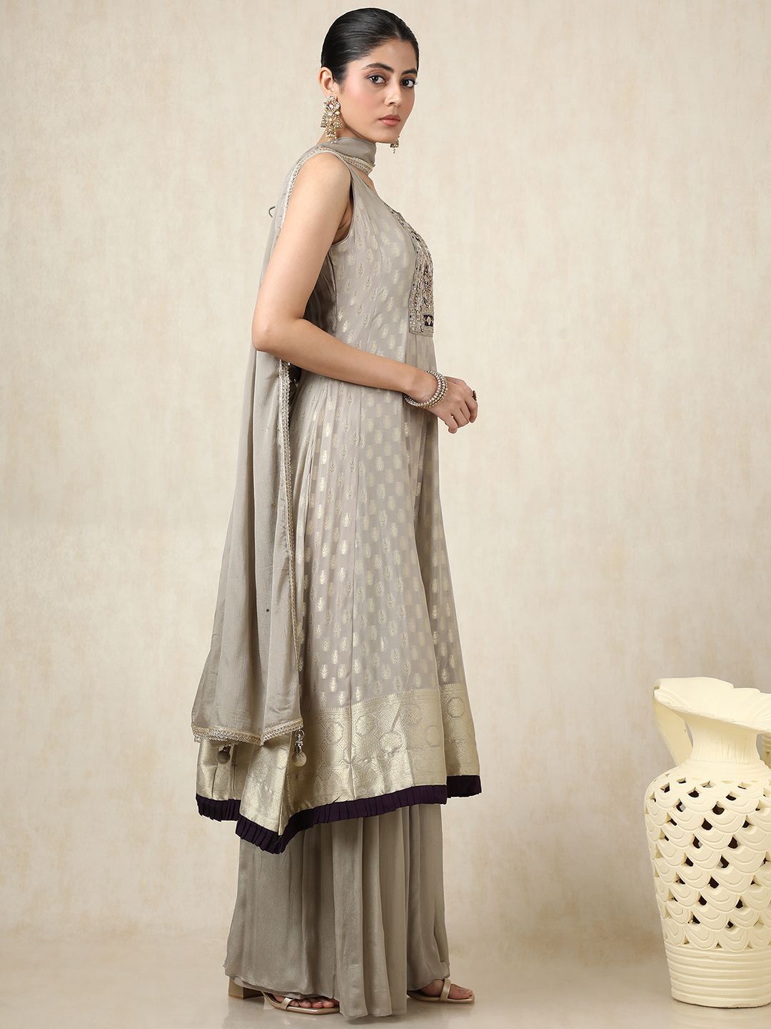 Dhiyona SO Women's Floral Woven Design Zari Work Sweetheart Neck Anarkali Kurta With Palazzos & Dupatta