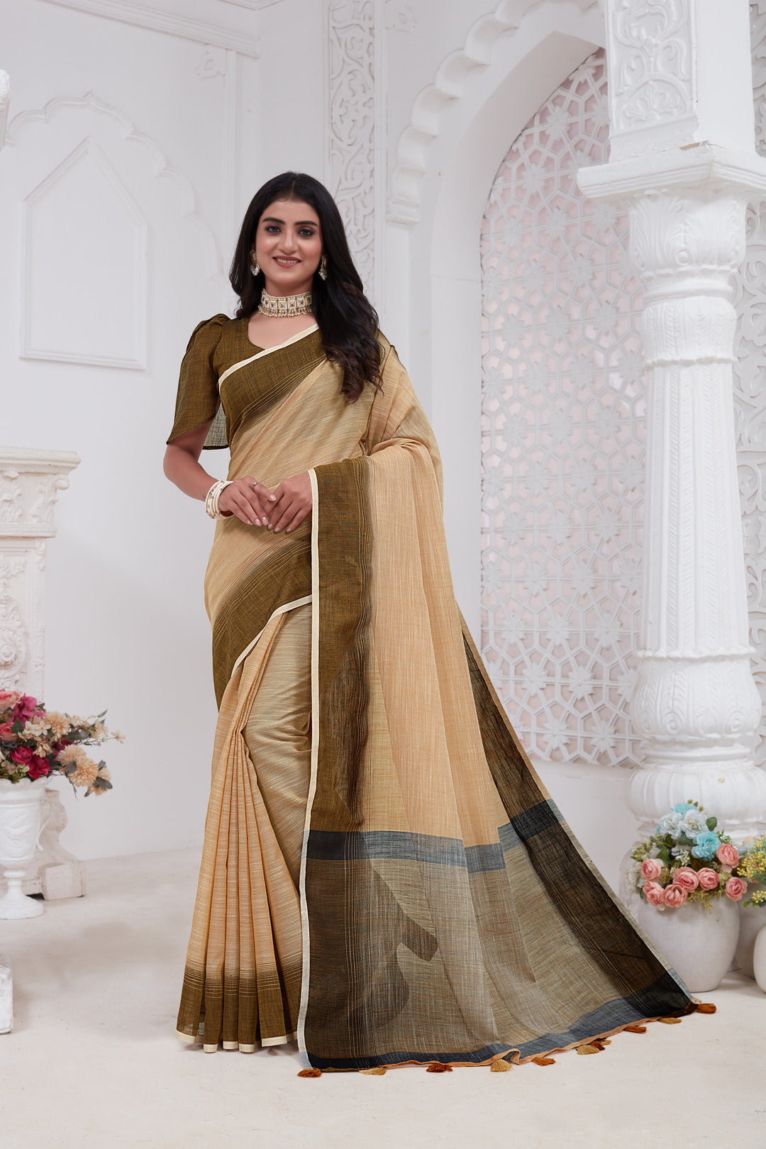 Dhiyona GR Women's Shades Mid Orange Handloom Linen Saree