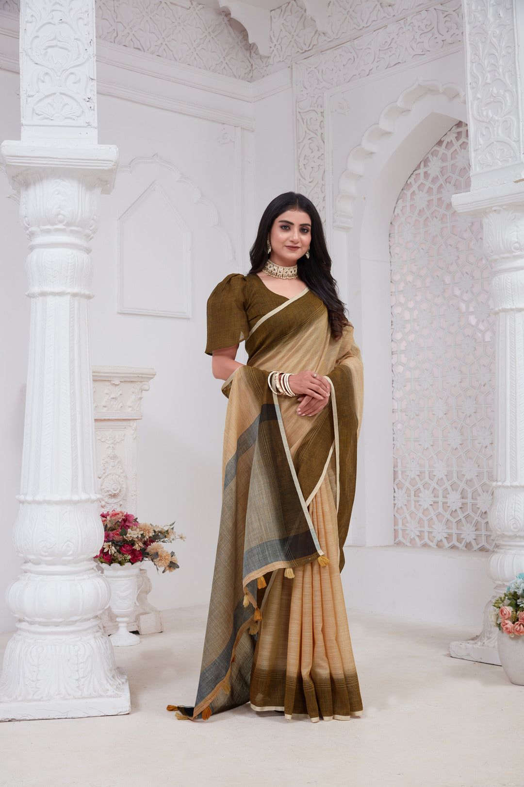 Dhiyona GR Women's Shades Mid Orange Handloom Linen Saree