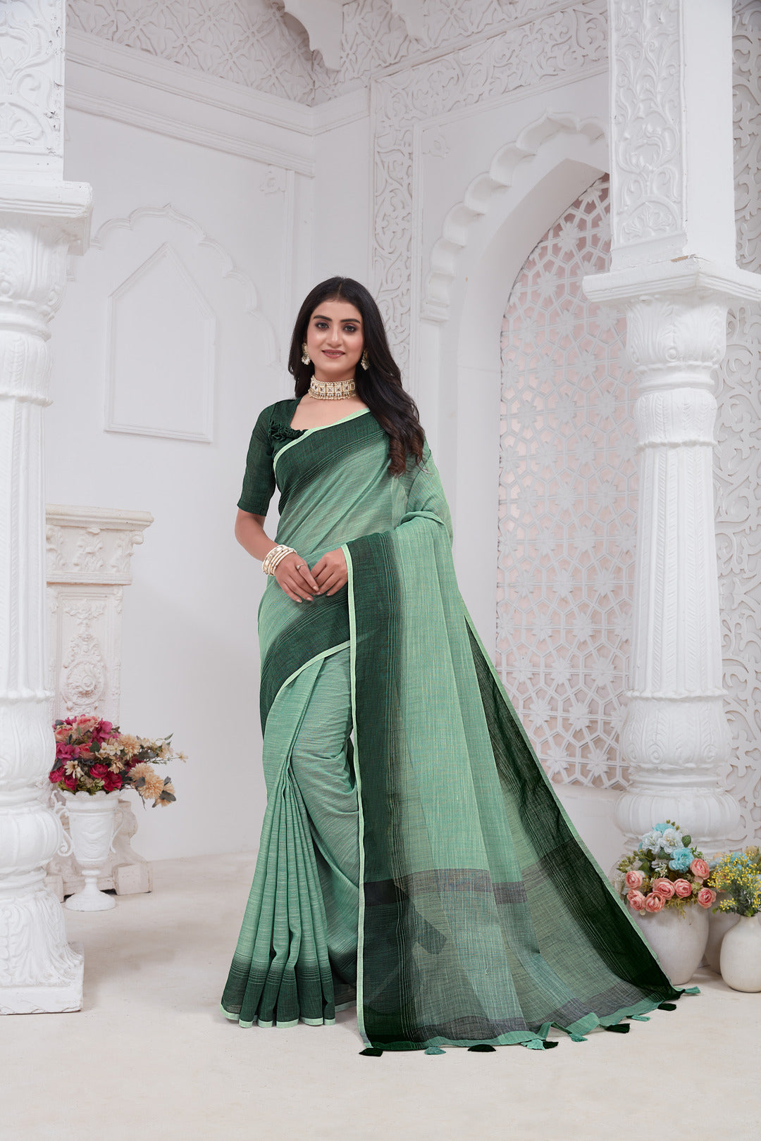 Dhiyona GR Women's Shades Sage Turquoise Green Handloom Linen Saree