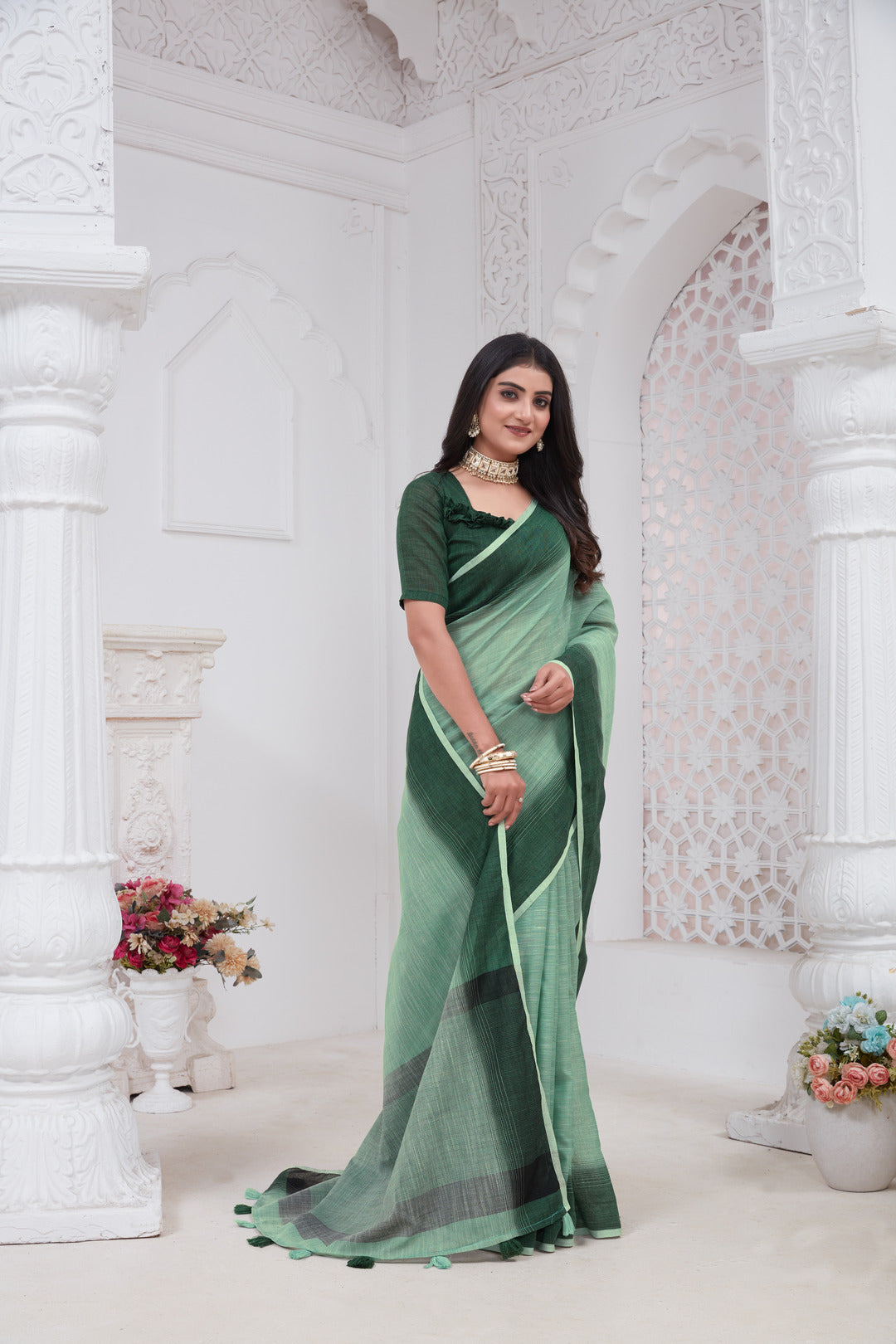 Dhiyona GR Women's Shades Sage Turquoise Green Handloom Linen Saree