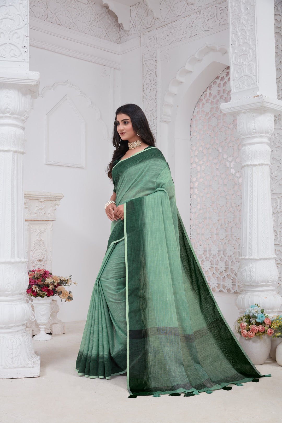 Dhiyona GR Women's Shades Sage Turquoise Green Handloom Linen Saree