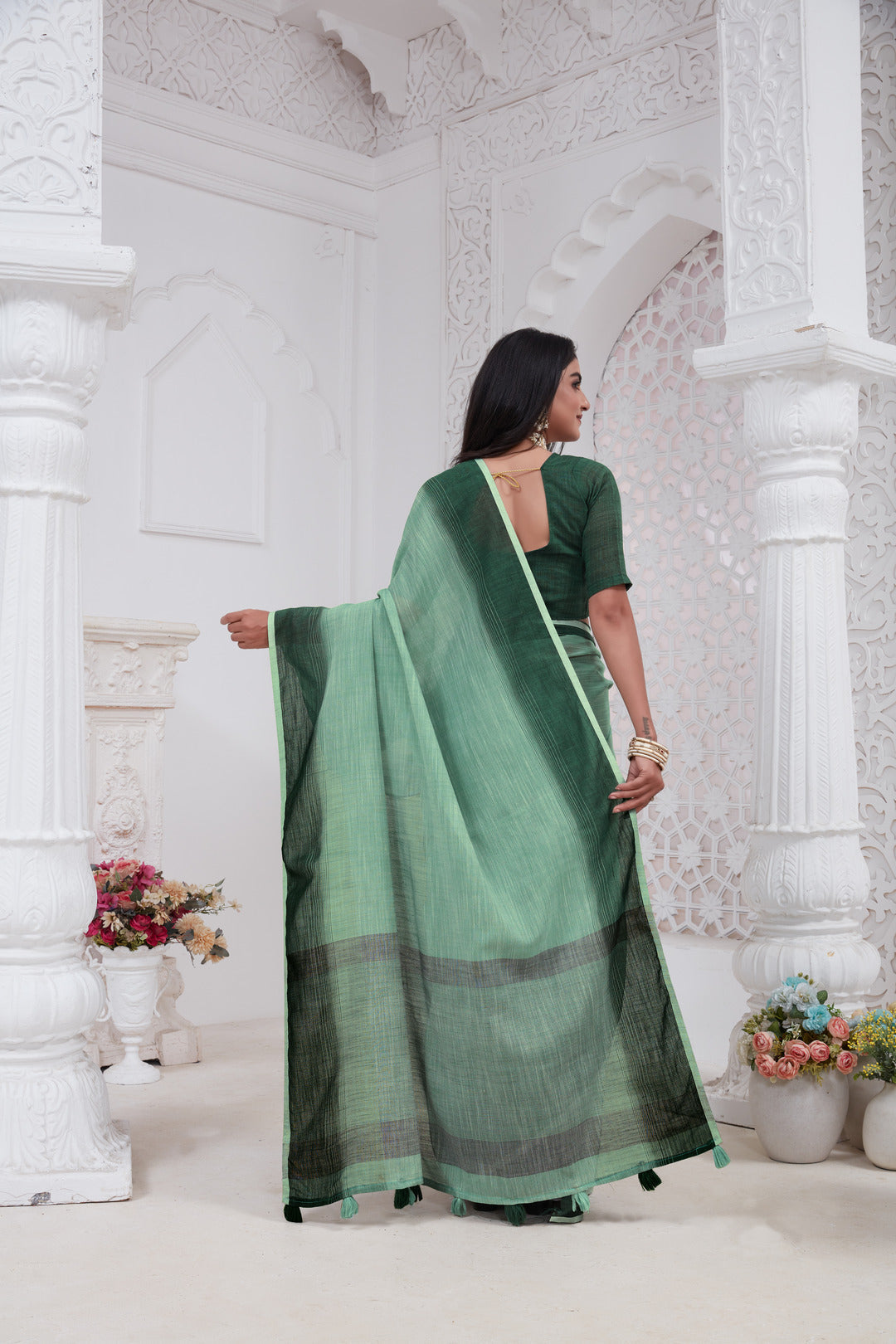 Dhiyona GR Women's Shades Sage Turquoise Green Handloom Linen Saree