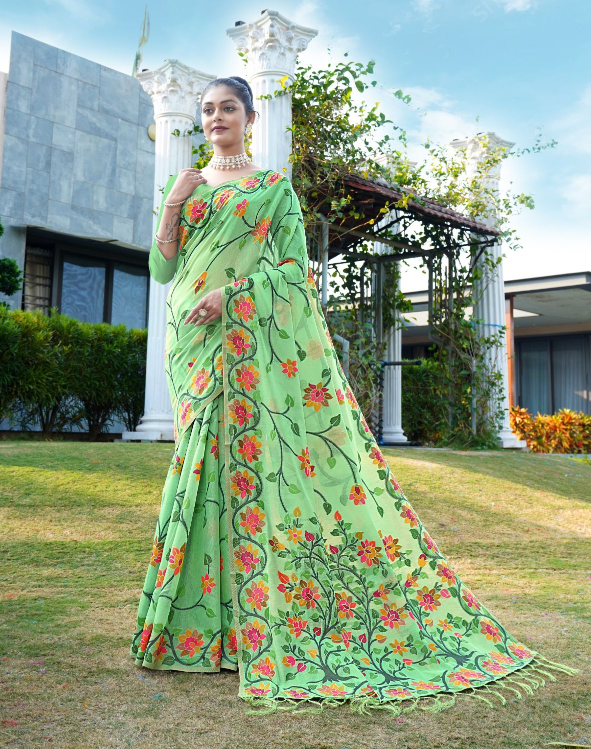 Dhiyona GR Women's Shahida Clover Green Soft Cotton Jamdani Saree