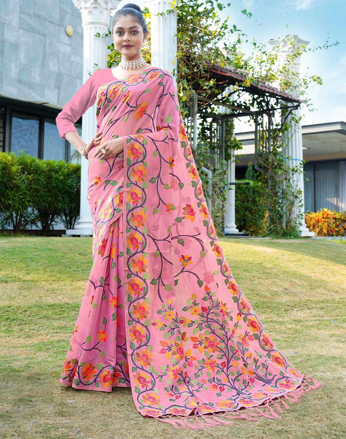 Dhiyona GR Women's Shahida Rose Pink Soft Cotton Jamdani Saree