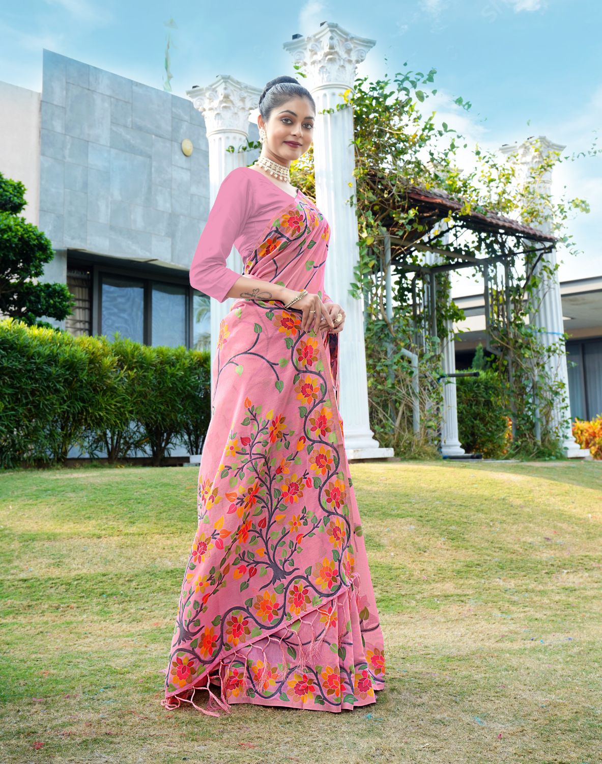 Dhiyona GR Women's Shahida Rose Pink Soft Cotton Jamdani Saree