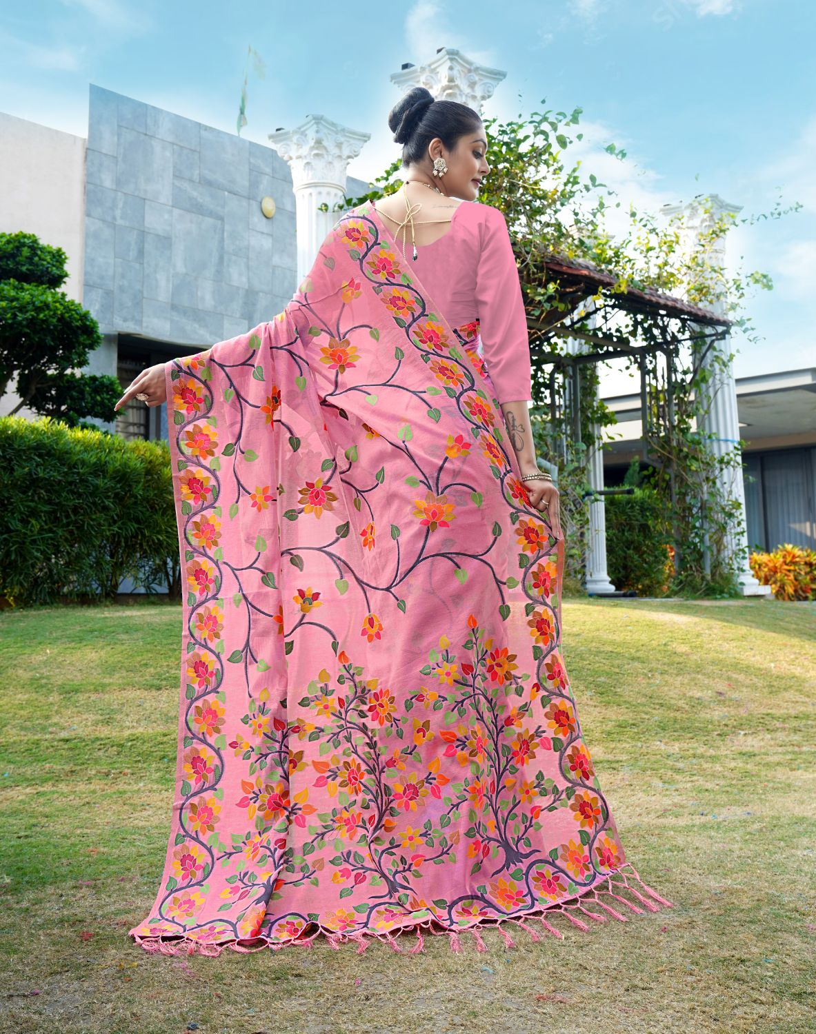 Dhiyona GR Women's Shahida Rose Pink Soft Cotton Jamdani Saree