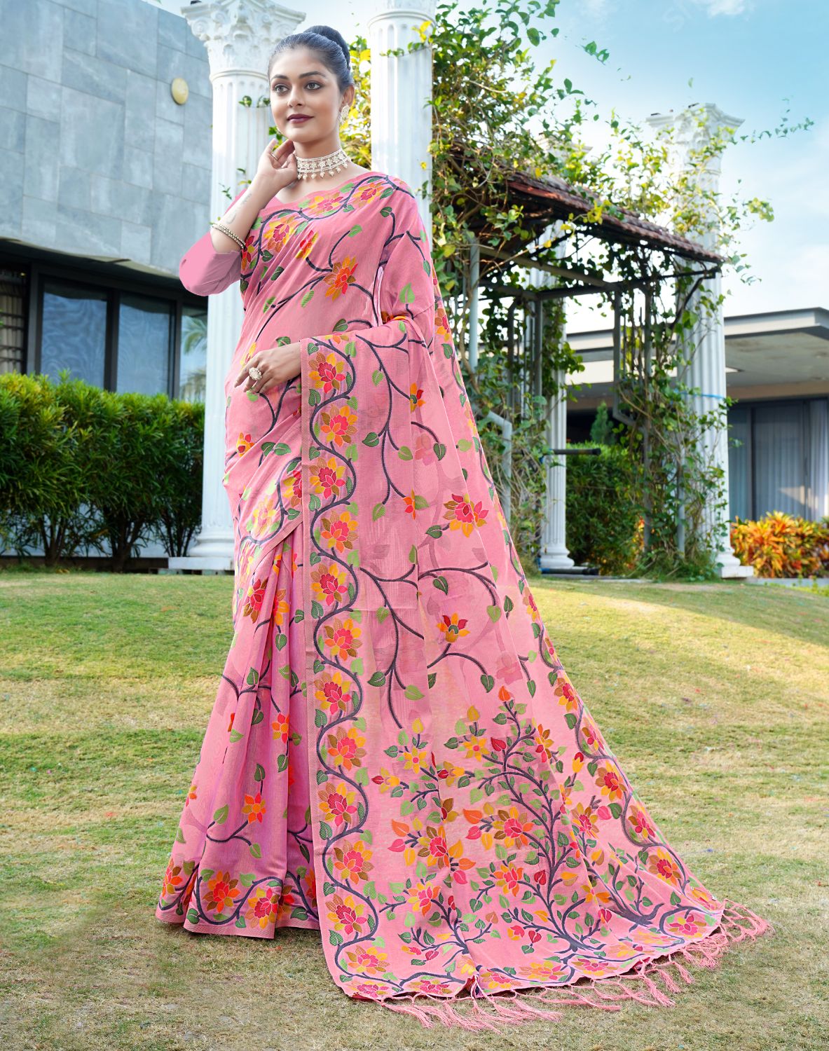 Dhiyona GR Women's Shahida Rose Pink Soft Cotton Jamdani Saree