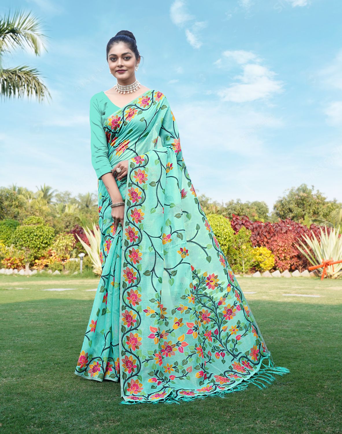 Dhiyona GR Women's Shahida Sky Blue Soft Cotton Jamdani Saree