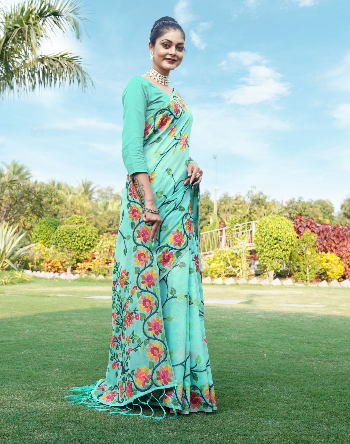 Dhiyona GR Women's Shahida Sky Blue Soft Cotton Jamdani Saree