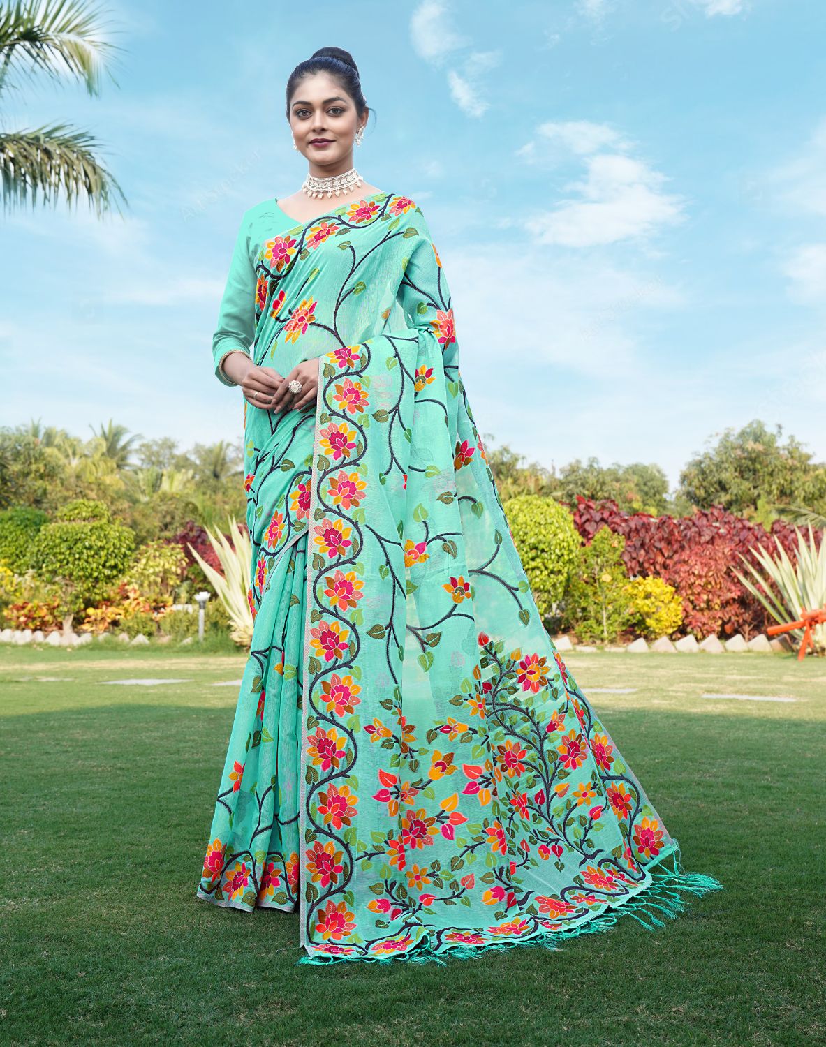 Dhiyona GR Women's Shahida Sky Blue Soft Cotton Jamdani Saree