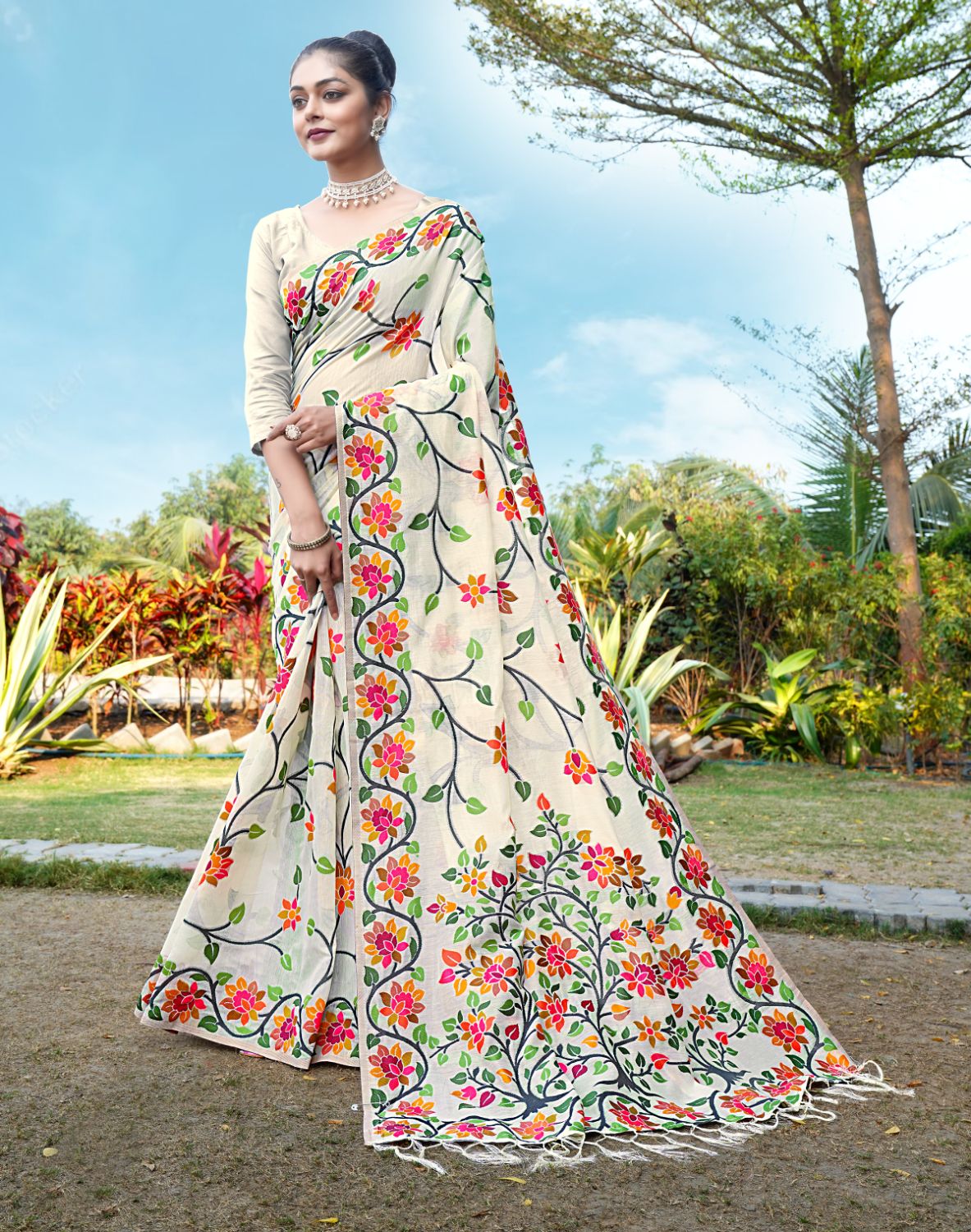 Dhiyona GR Women's Shahida Candle White Soft Cotton Jamdani Saree