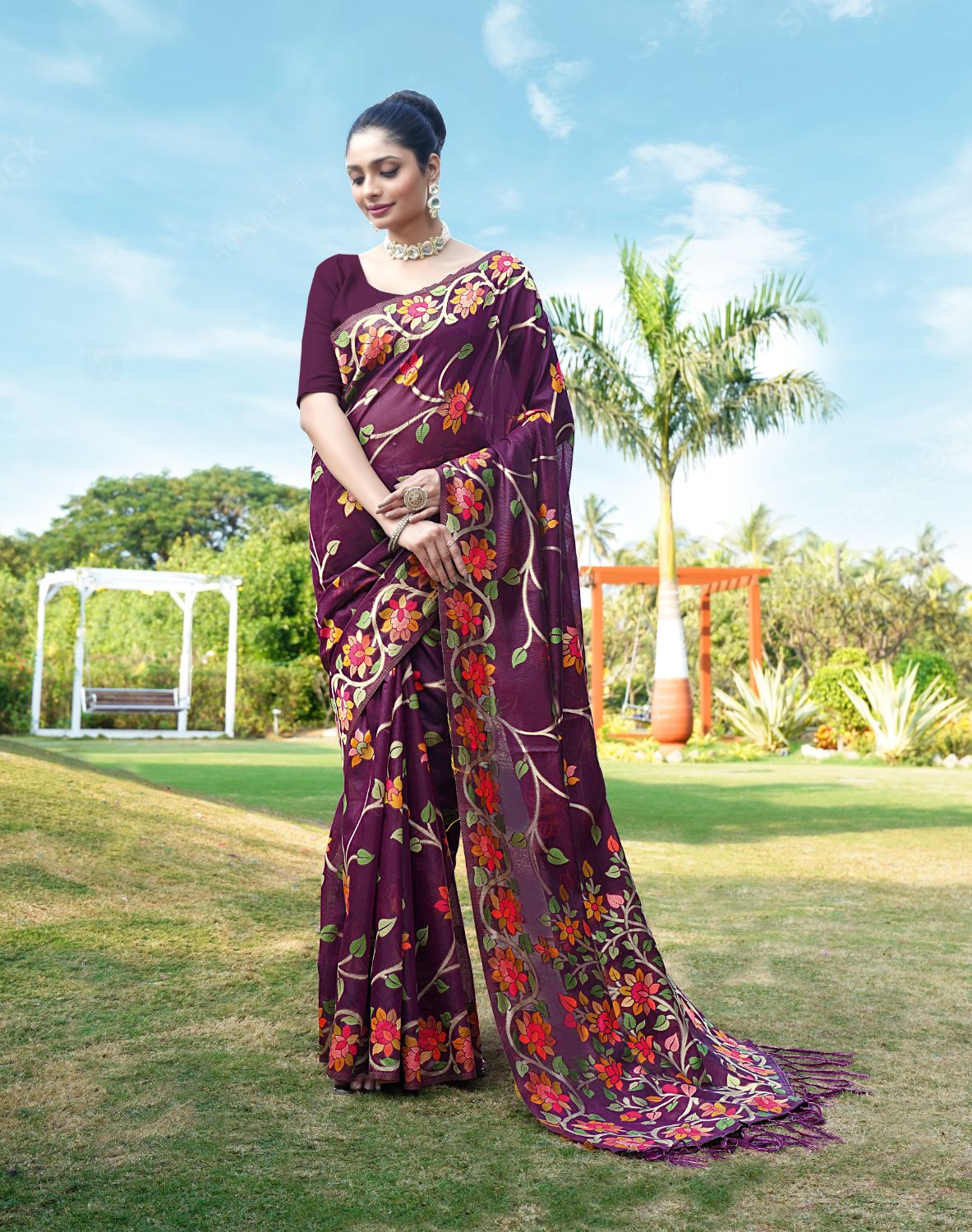 Dhiyona GR Women's Shahida Plum Wine Soft Cotton Jamdani Saree