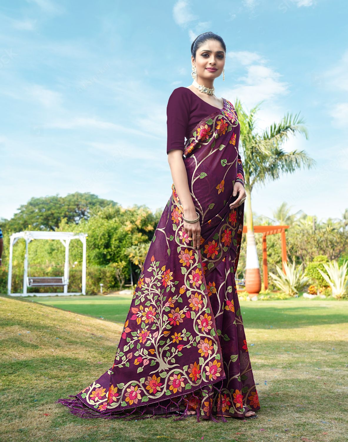 Dhiyona GR Women's Shahida Plum Wine Soft Cotton Jamdani Saree