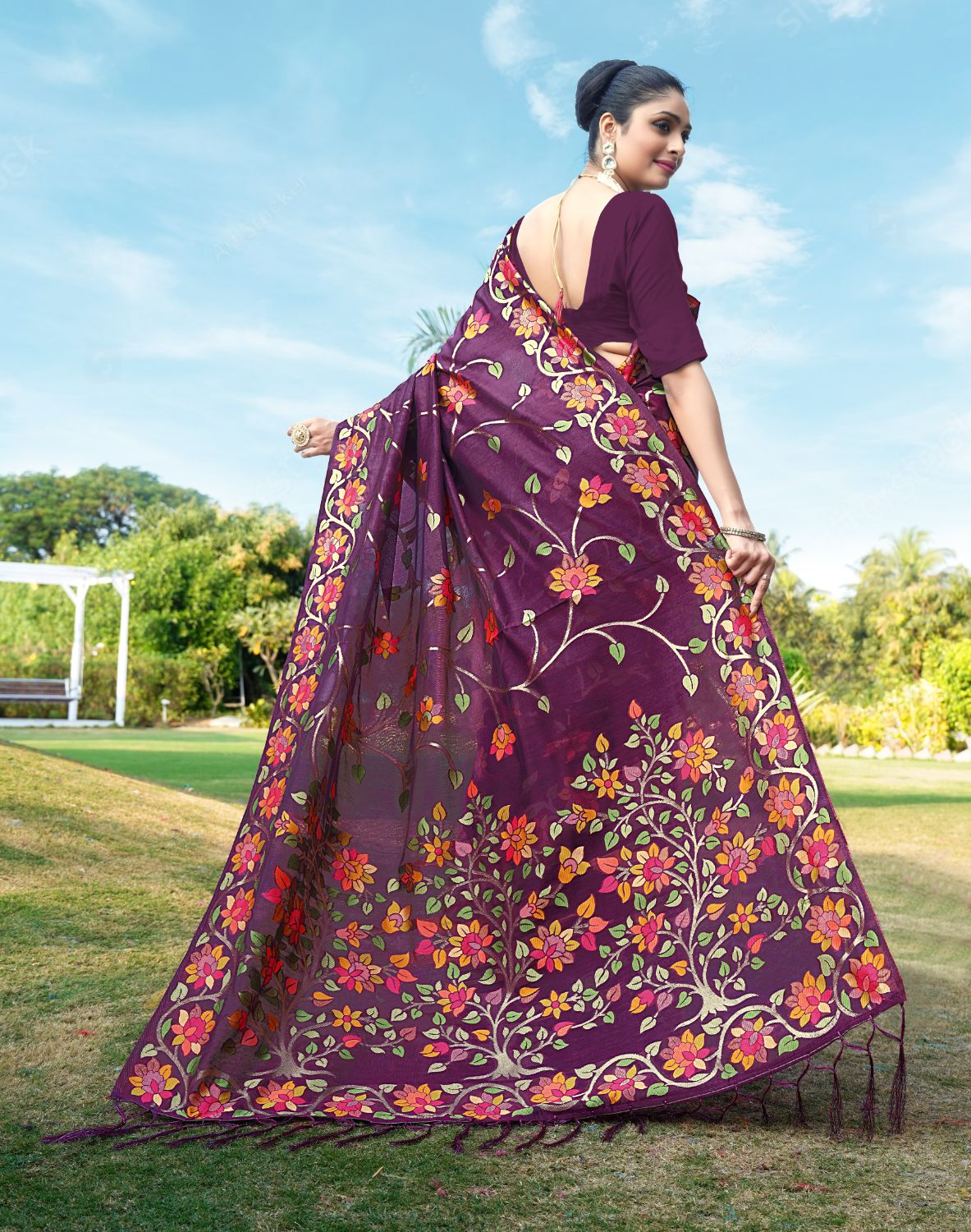 Dhiyona GR Women's Shahida Plum Wine Soft Cotton Jamdani Saree