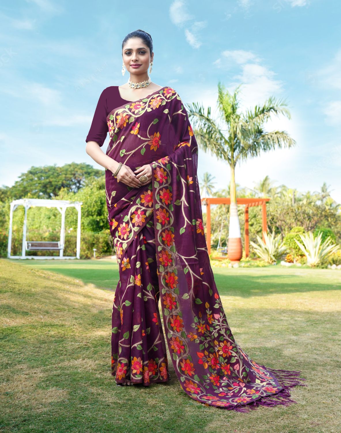 Dhiyona GR Women's Shahida Plum Wine Soft Cotton Jamdani Saree