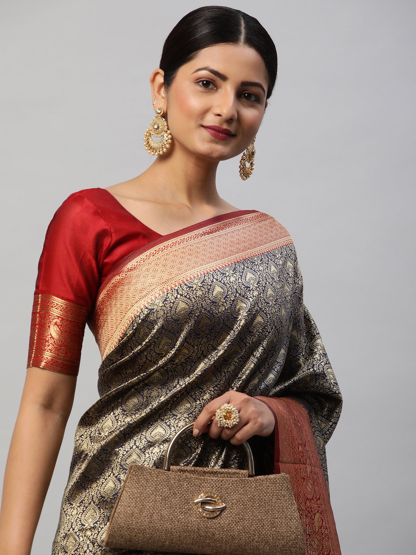 Women's Silk Blend Navy Blue Woven Design Designer Saree With Blouse Piece