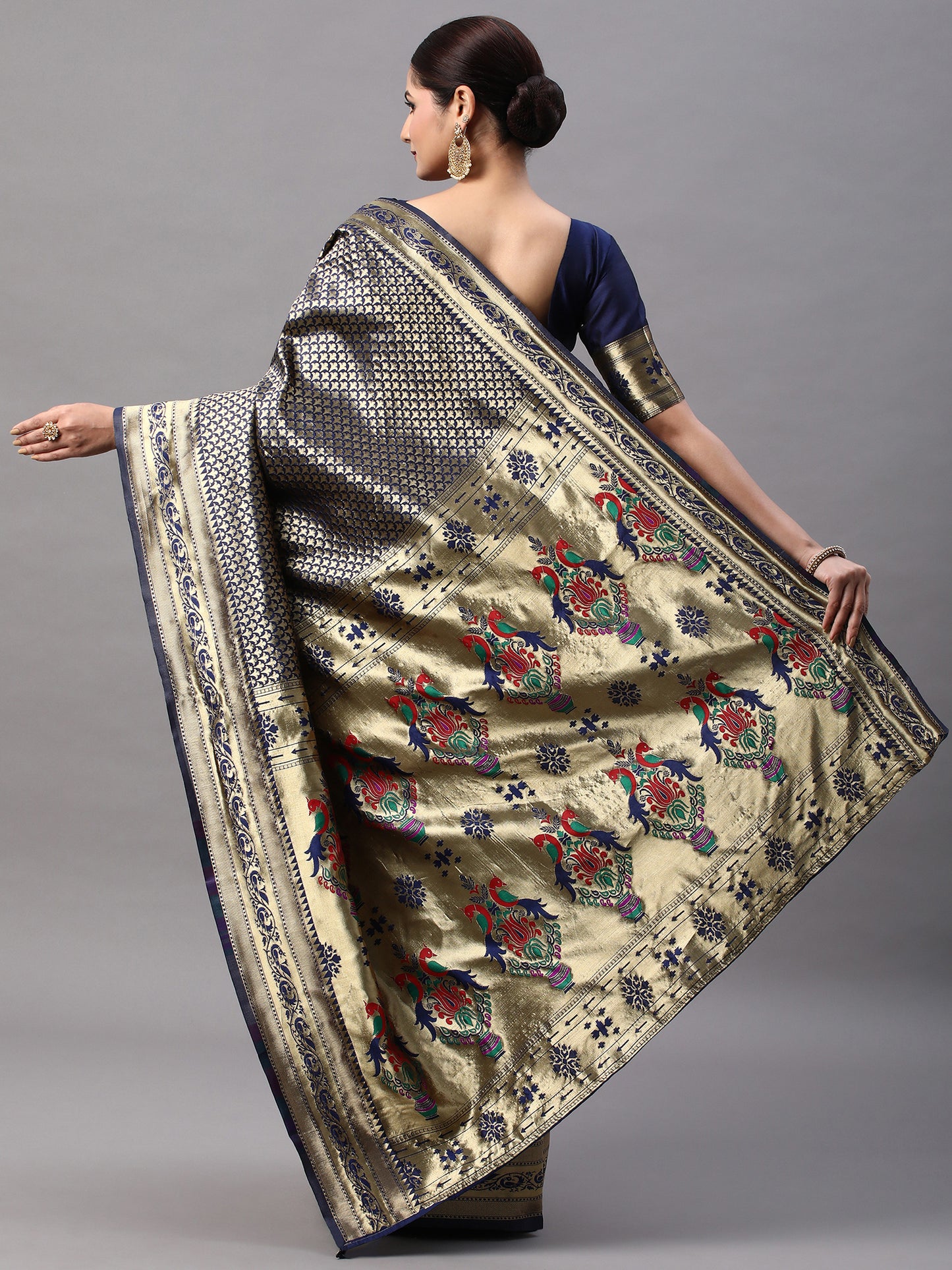 Women's Silk Blend Navy Blue Woven Design Designer Saree With Blouse Piece