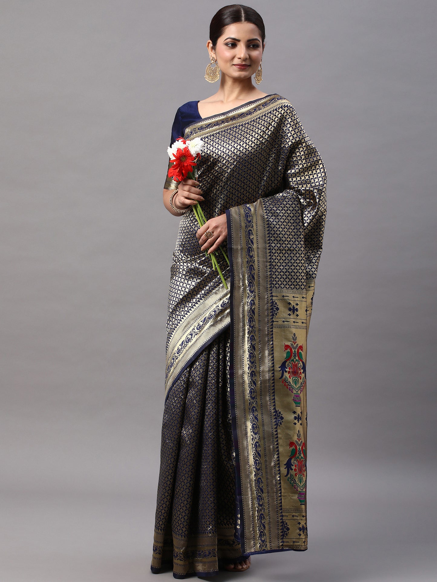 Women's Silk Blend Navy Blue Woven Design Designer Saree With Blouse Piece