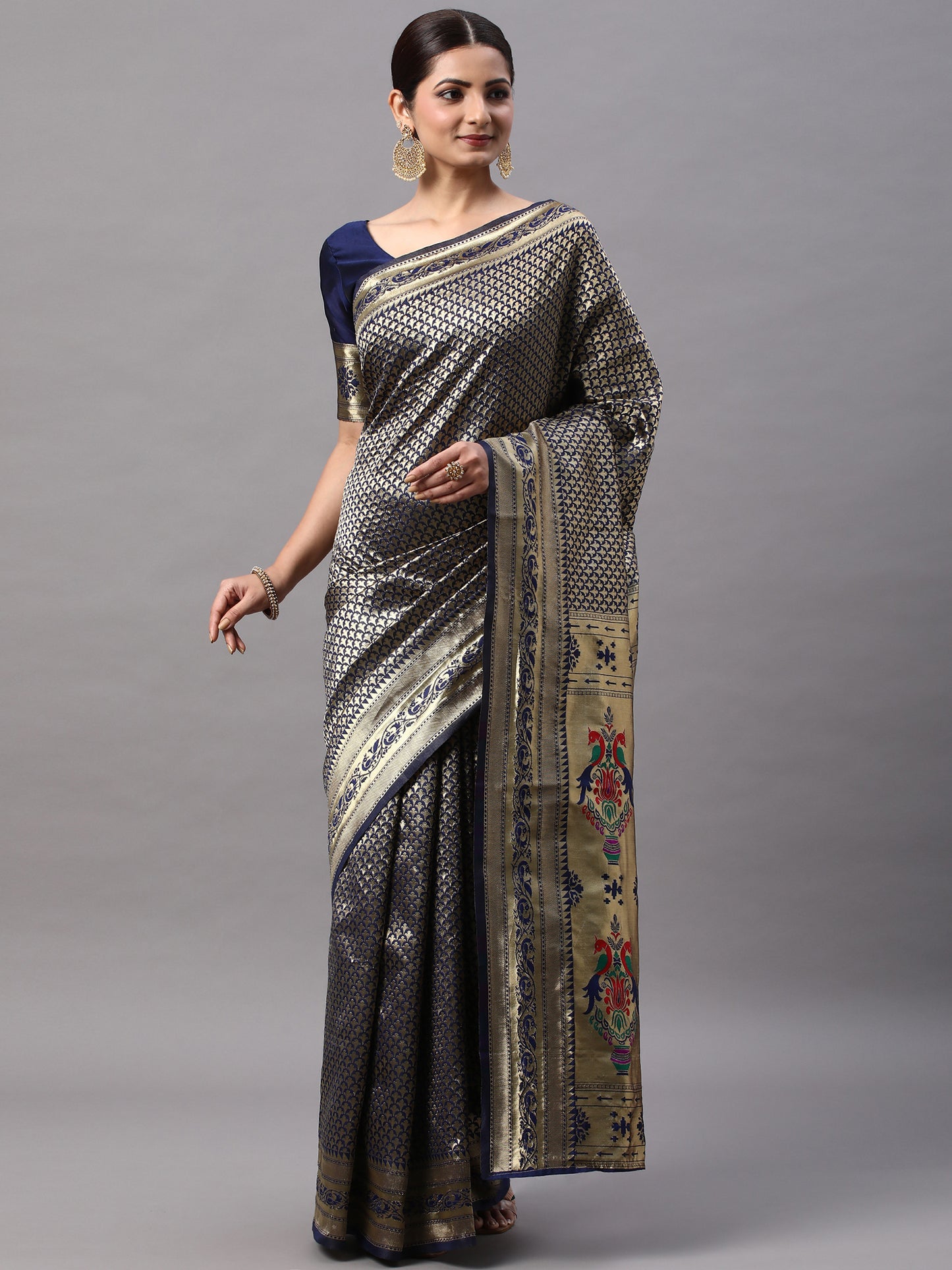Women's Silk Blend Navy Blue Woven Design Designer Saree With Blouse Piece
