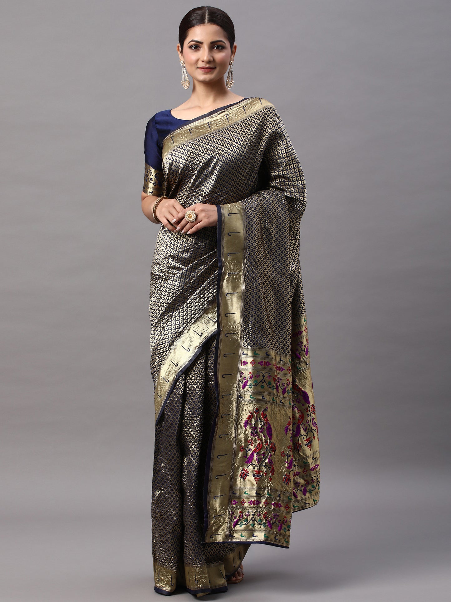 Women's Silk Blend Navy Blue Woven Design Designer Saree With Blouse Piece