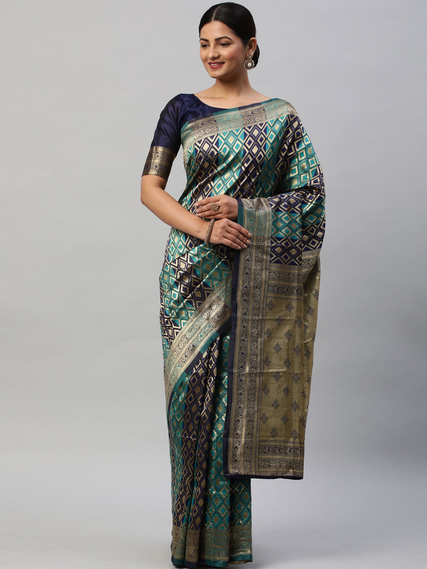 Women's Silk Blend Blue Woven Design Designer Saree With Blouse Piece