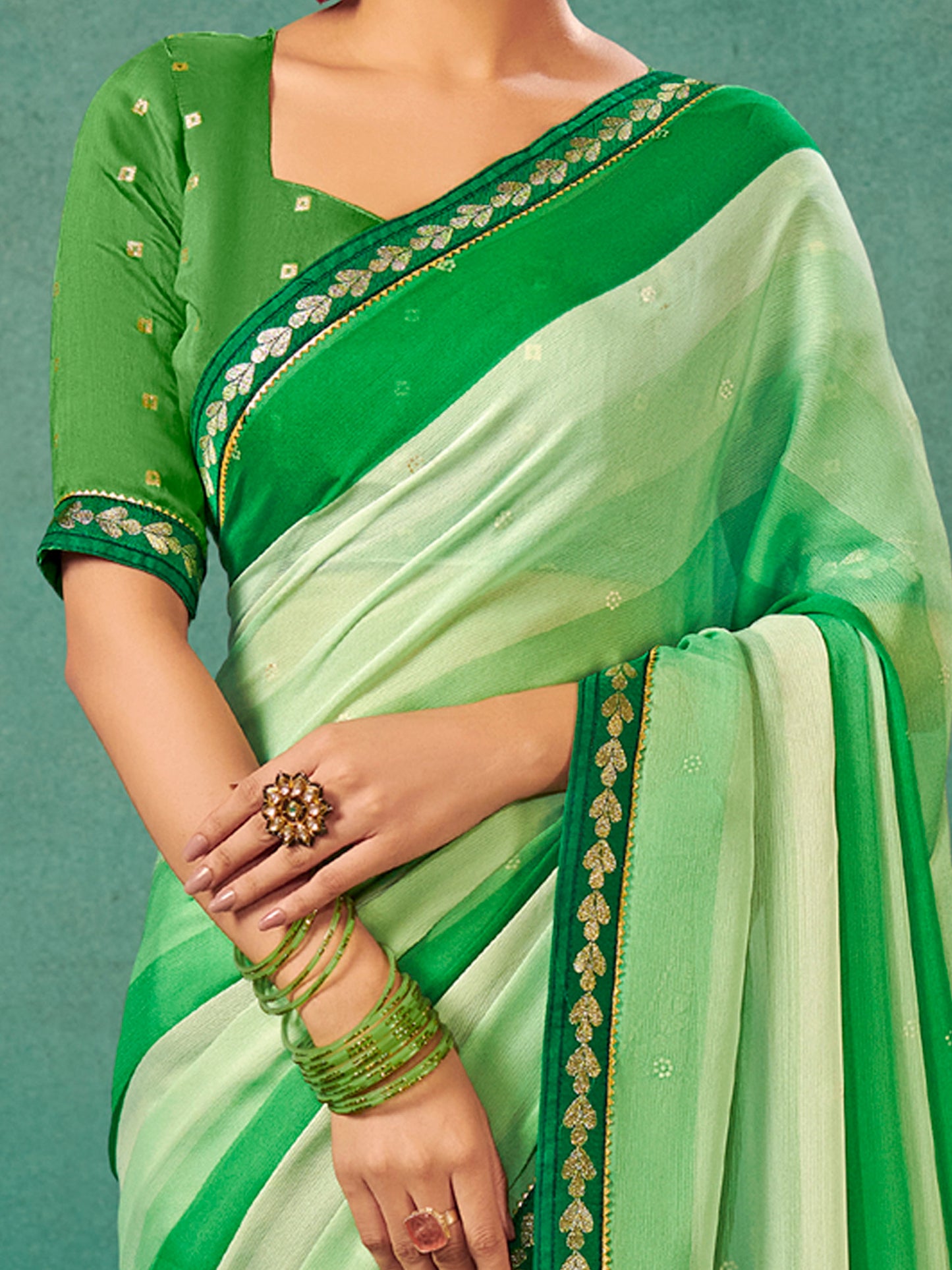 Women's Chiffon Green Embellished Designer Saree With Blouse Piece