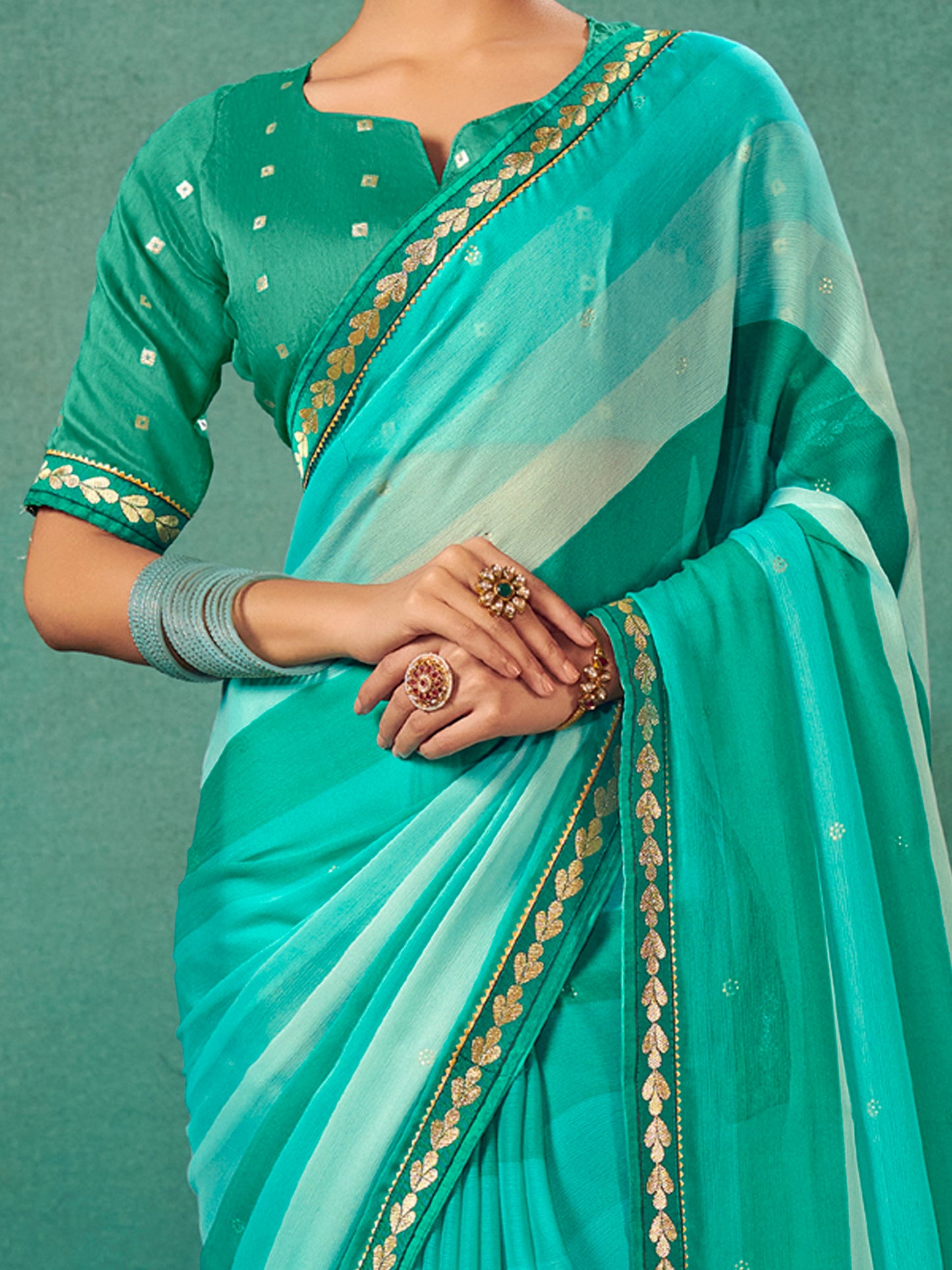 Women's Chiffon Teal blue Embellished Designer Saree With Blouse Piece