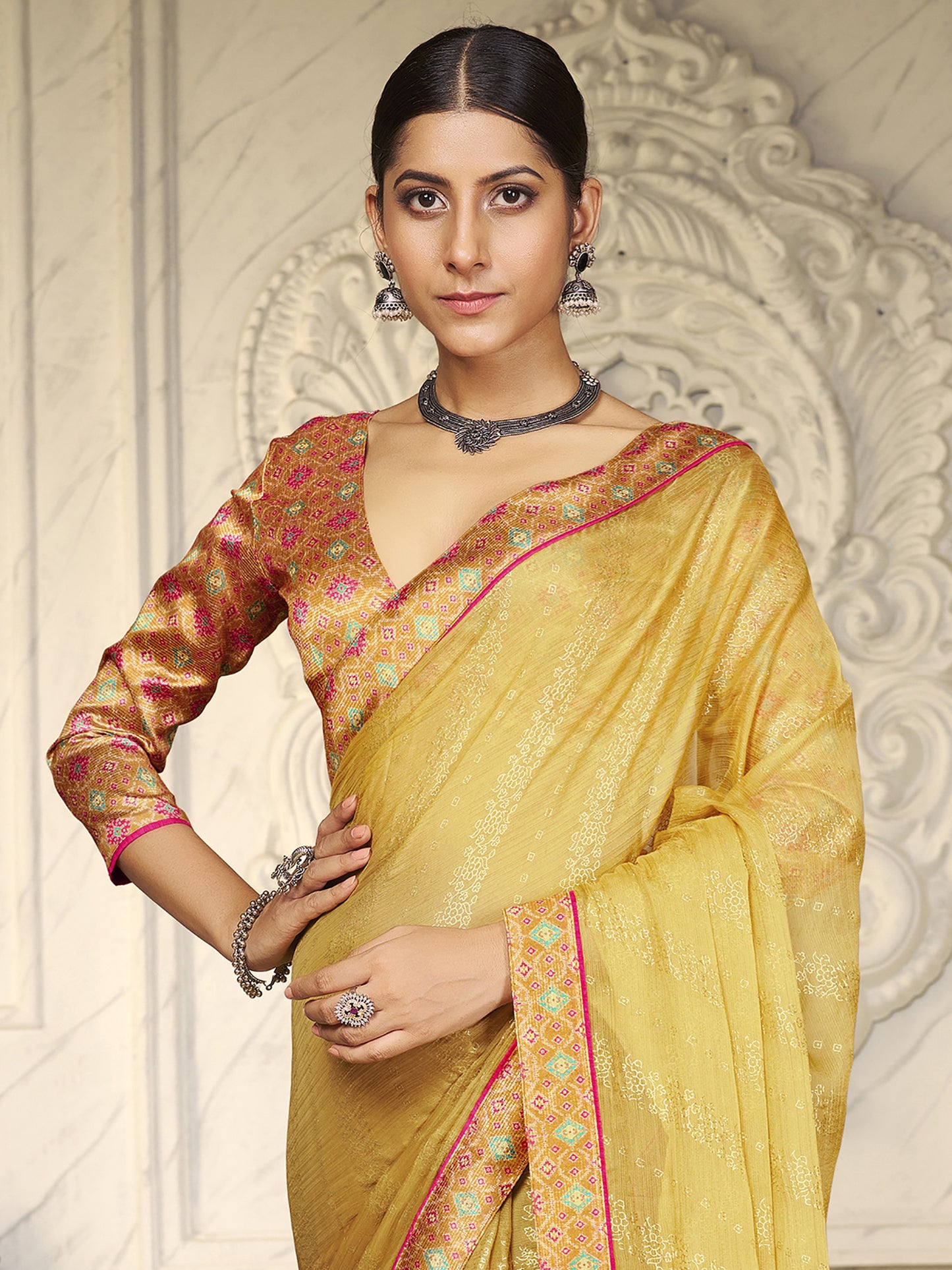Women's Chiffon Mustard Embellished Designer Saree With Blouse Piece
