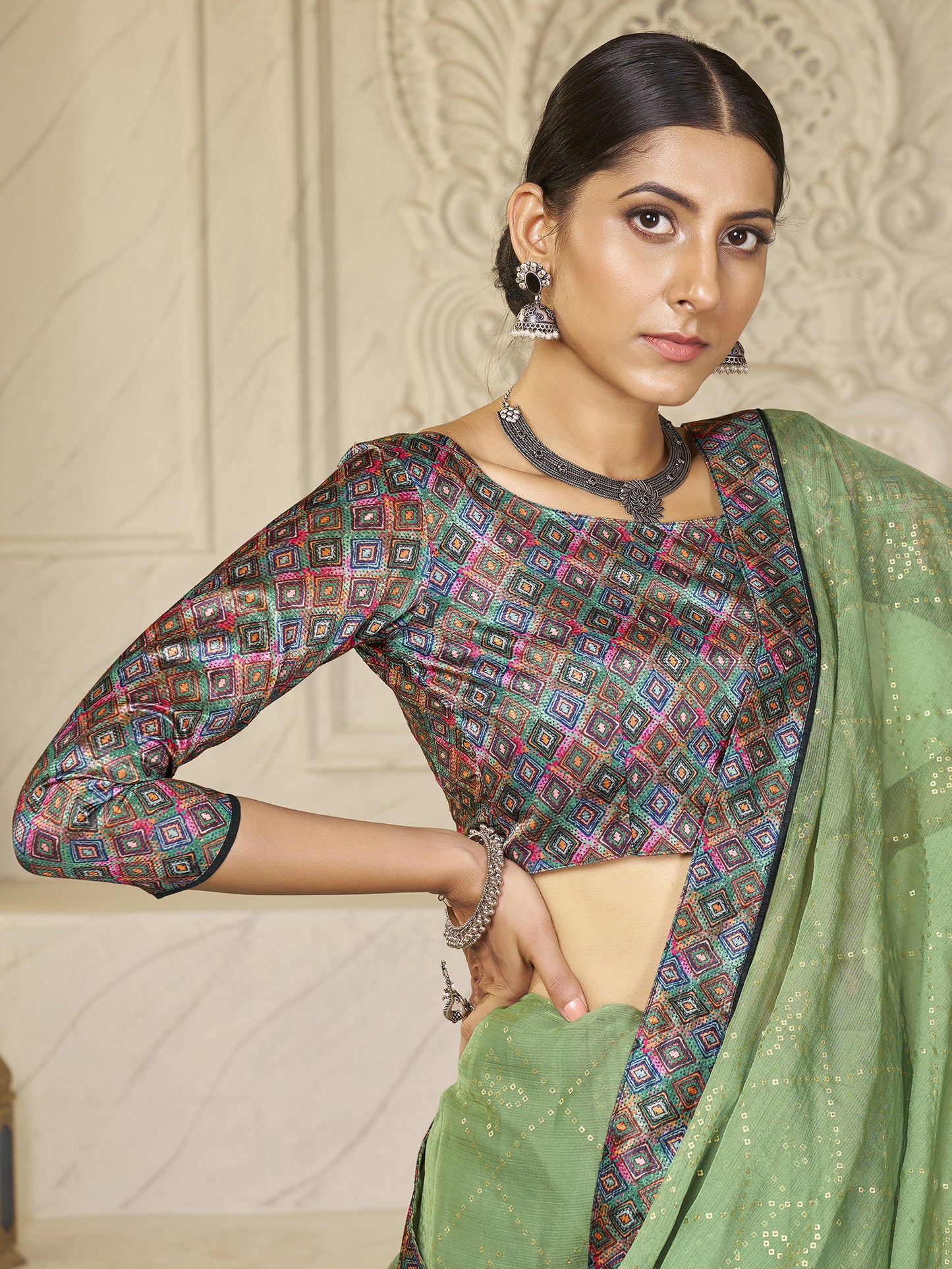 Women's Chiffon Light Green Embellished Designer Saree With Blouse Piece