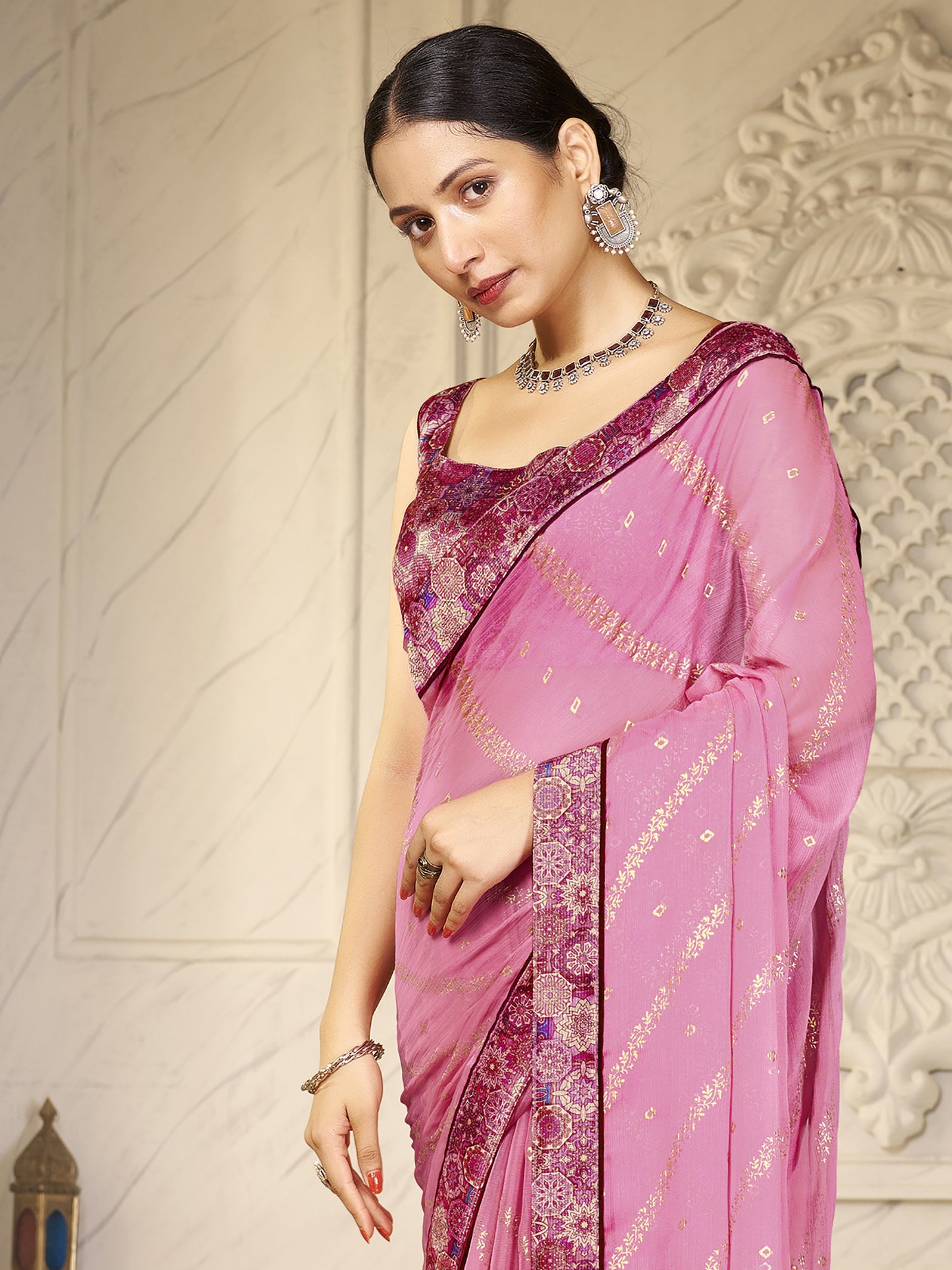 Women's Chiffon Pink Embellished Designer Saree With Blouse Piece