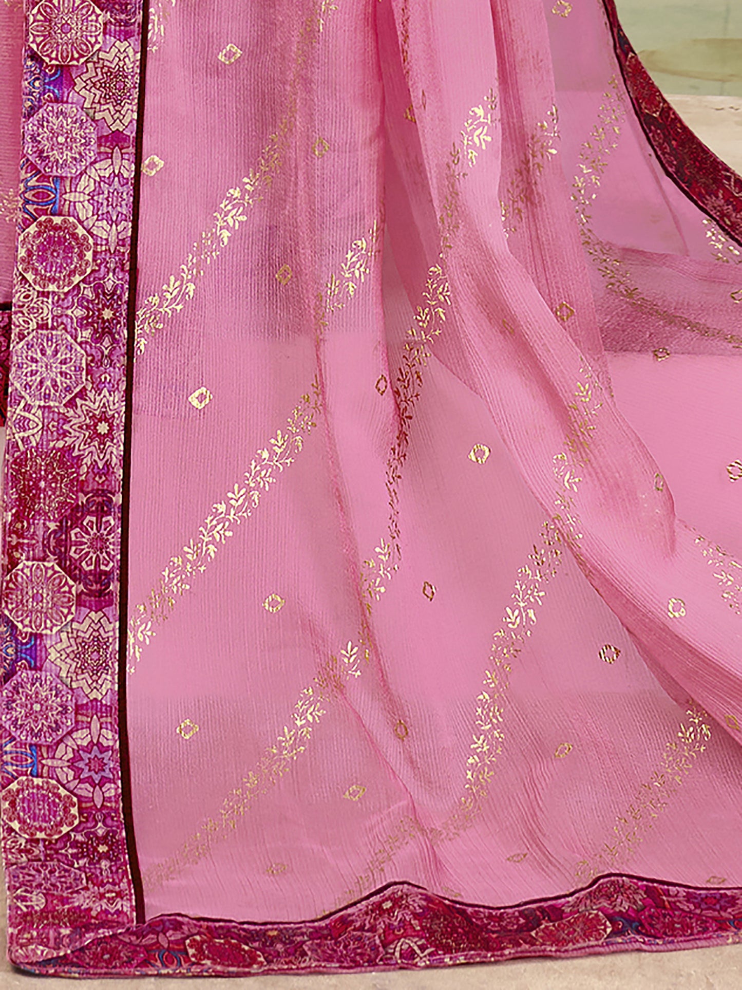 Women's Chiffon Pink Embellished Designer Saree With Blouse Piece