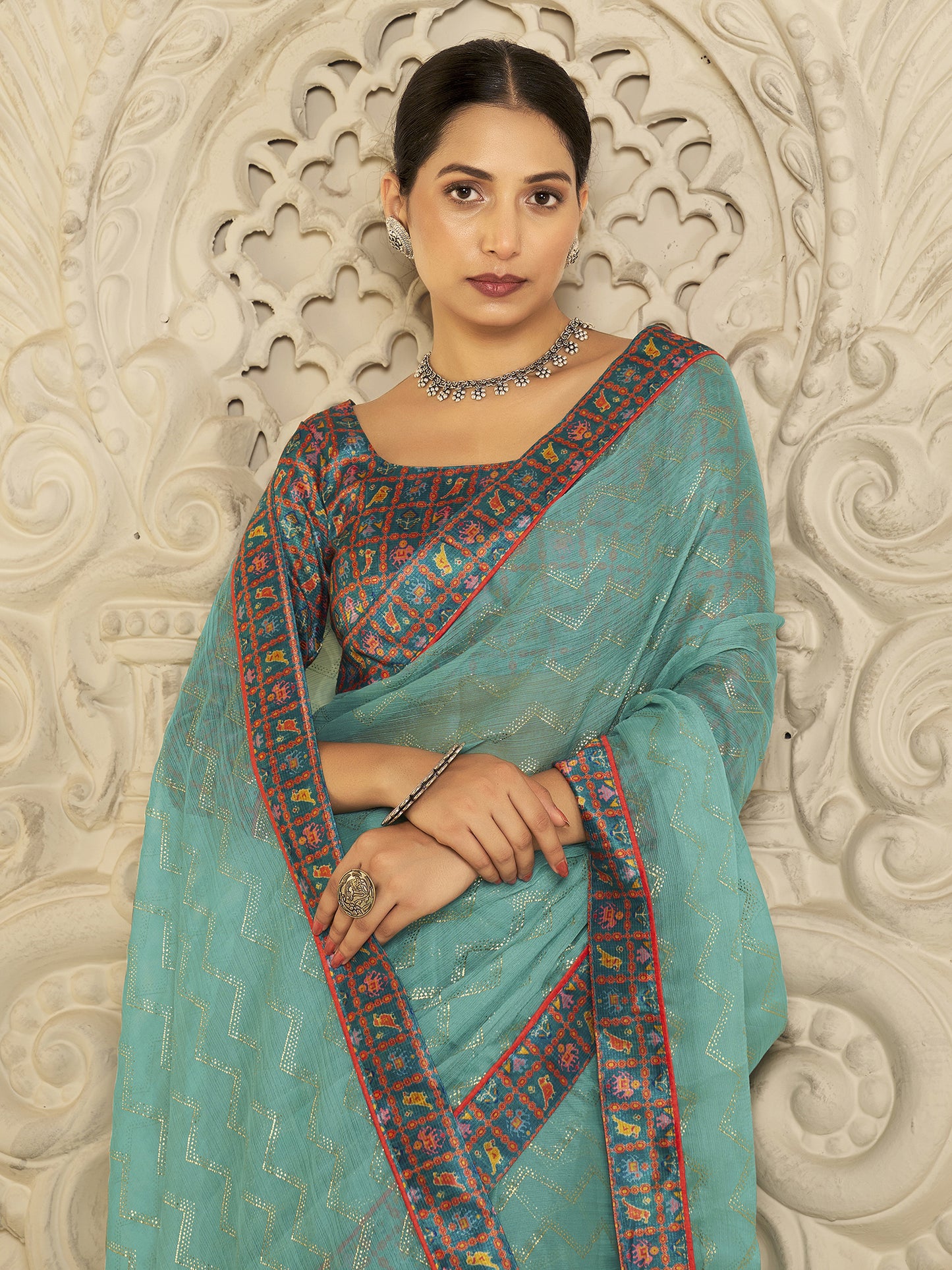 Women's Chiffon Turquoise Embellished Designer Saree With Blouse Piece