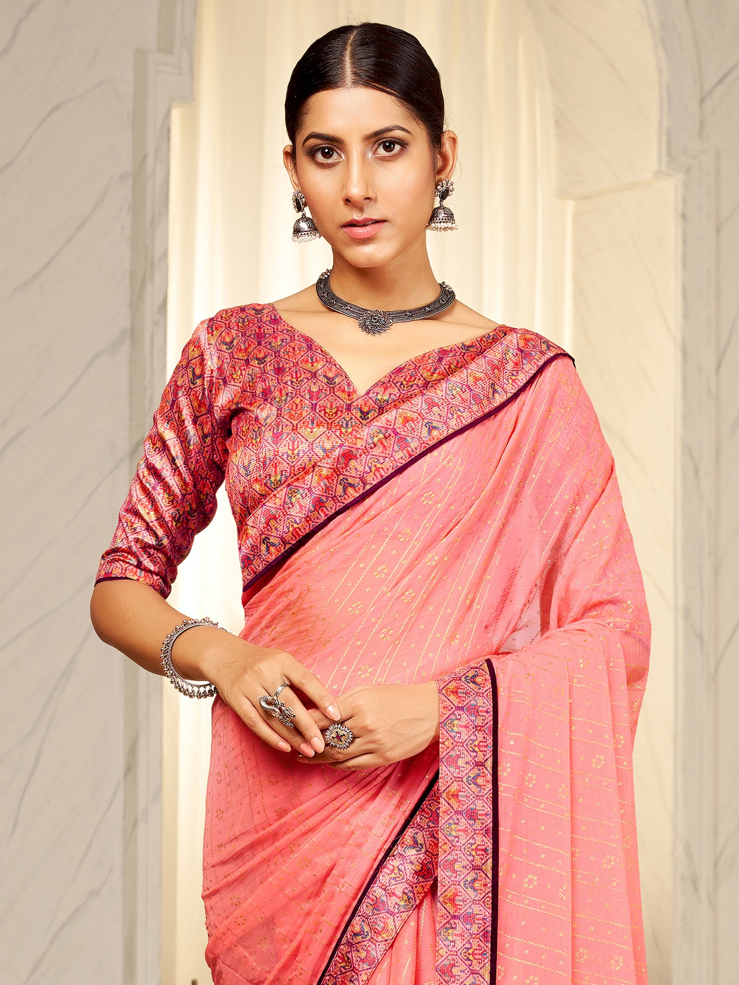 Women's Chiffon Pink Embellished Designer Saree With Blouse Piece