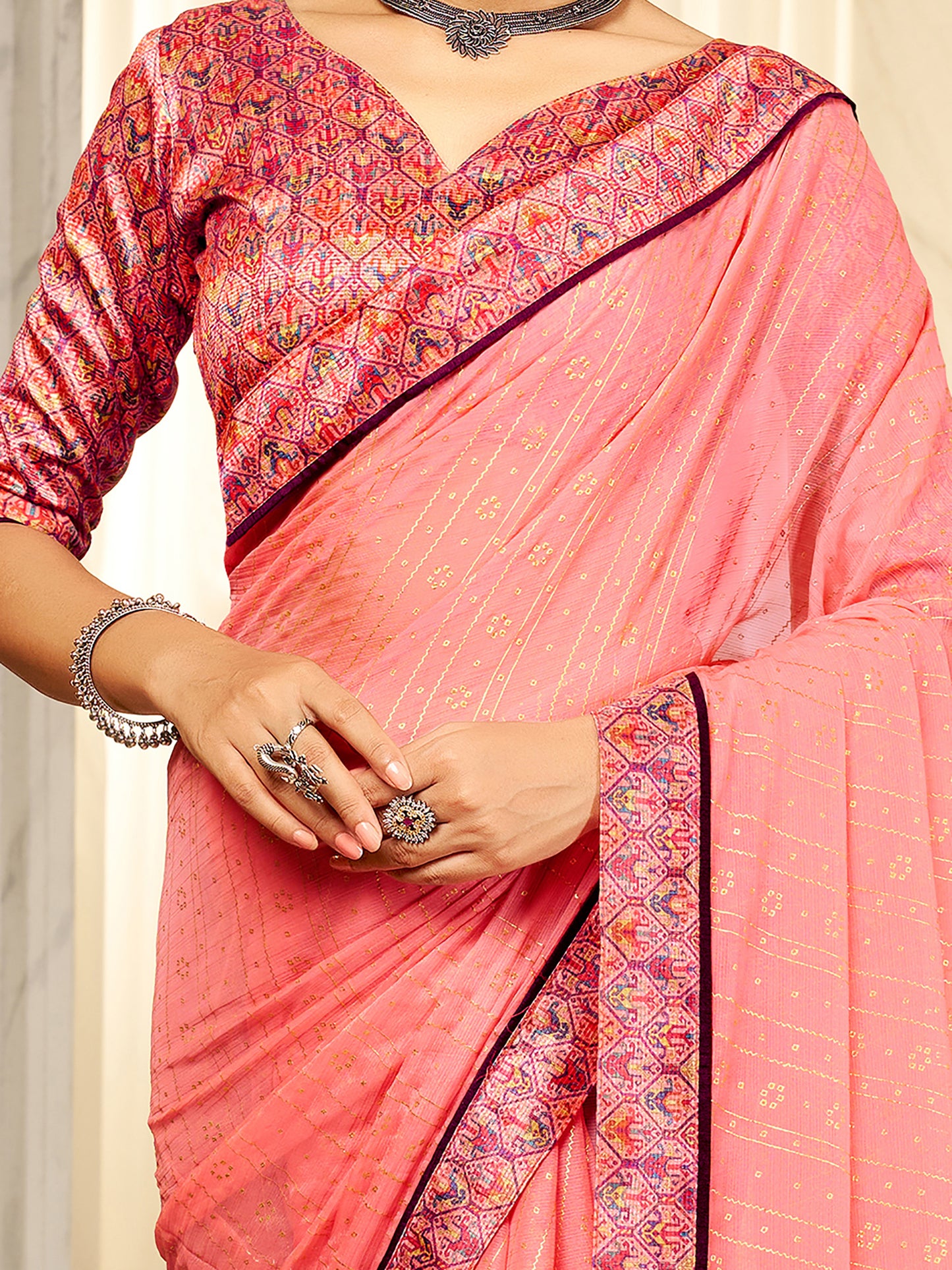 Women's Chiffon Pink Embellished Designer Saree With Blouse Piece