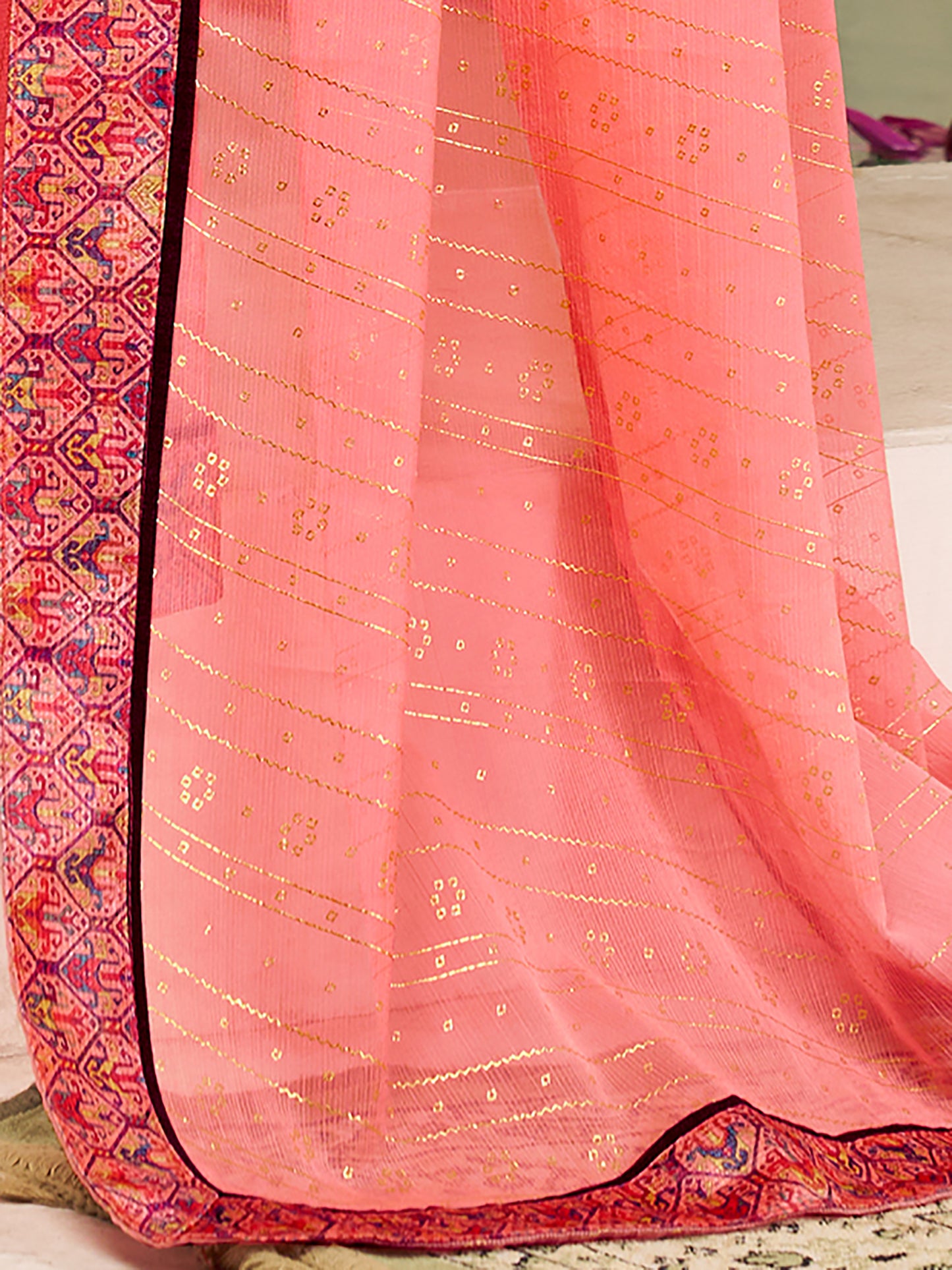 Women's Chiffon Pink Embellished Designer Saree With Blouse Piece