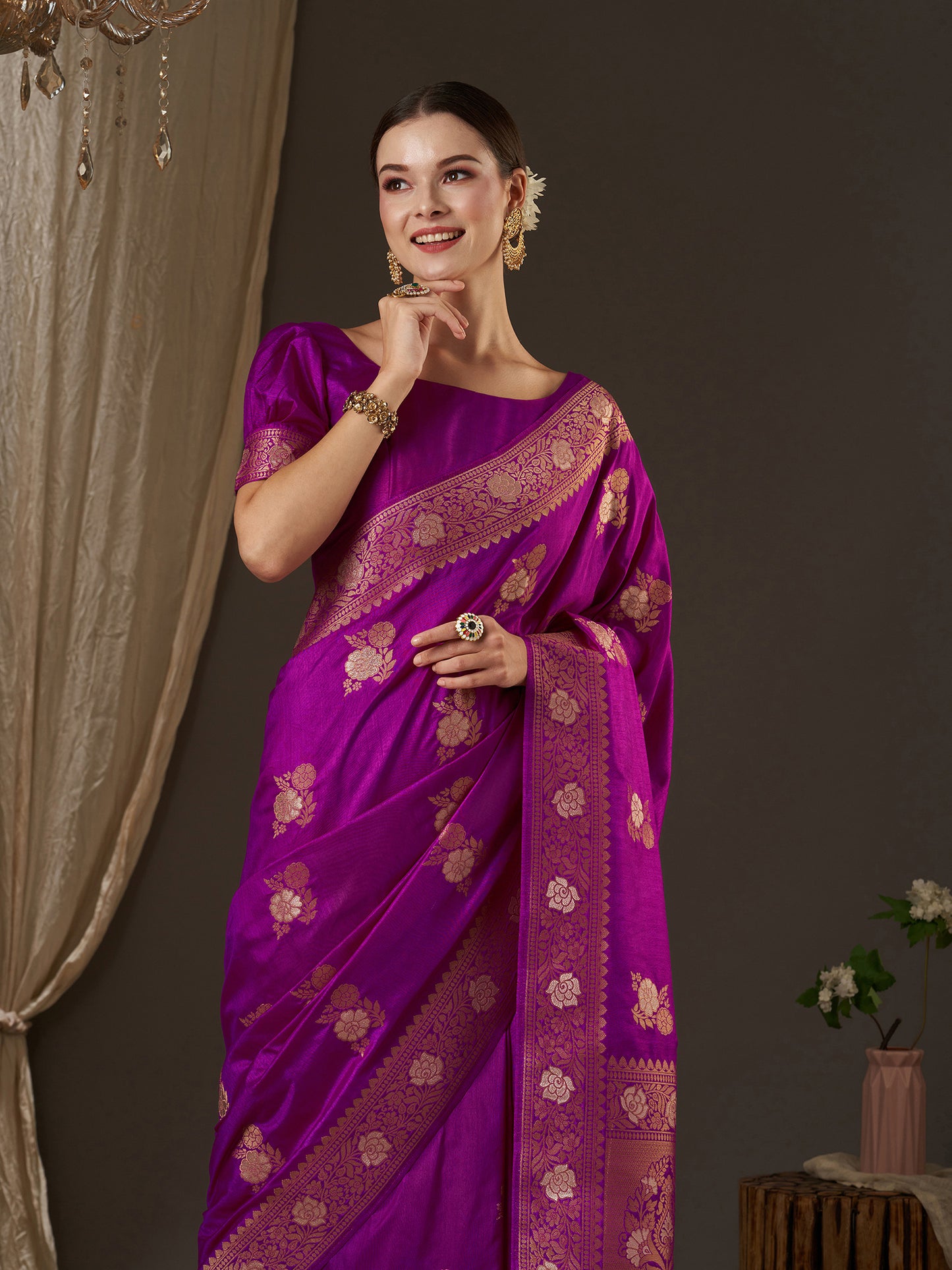 Women's Silk Blend Purple Woven Design Designer Saree With Blouse Piece