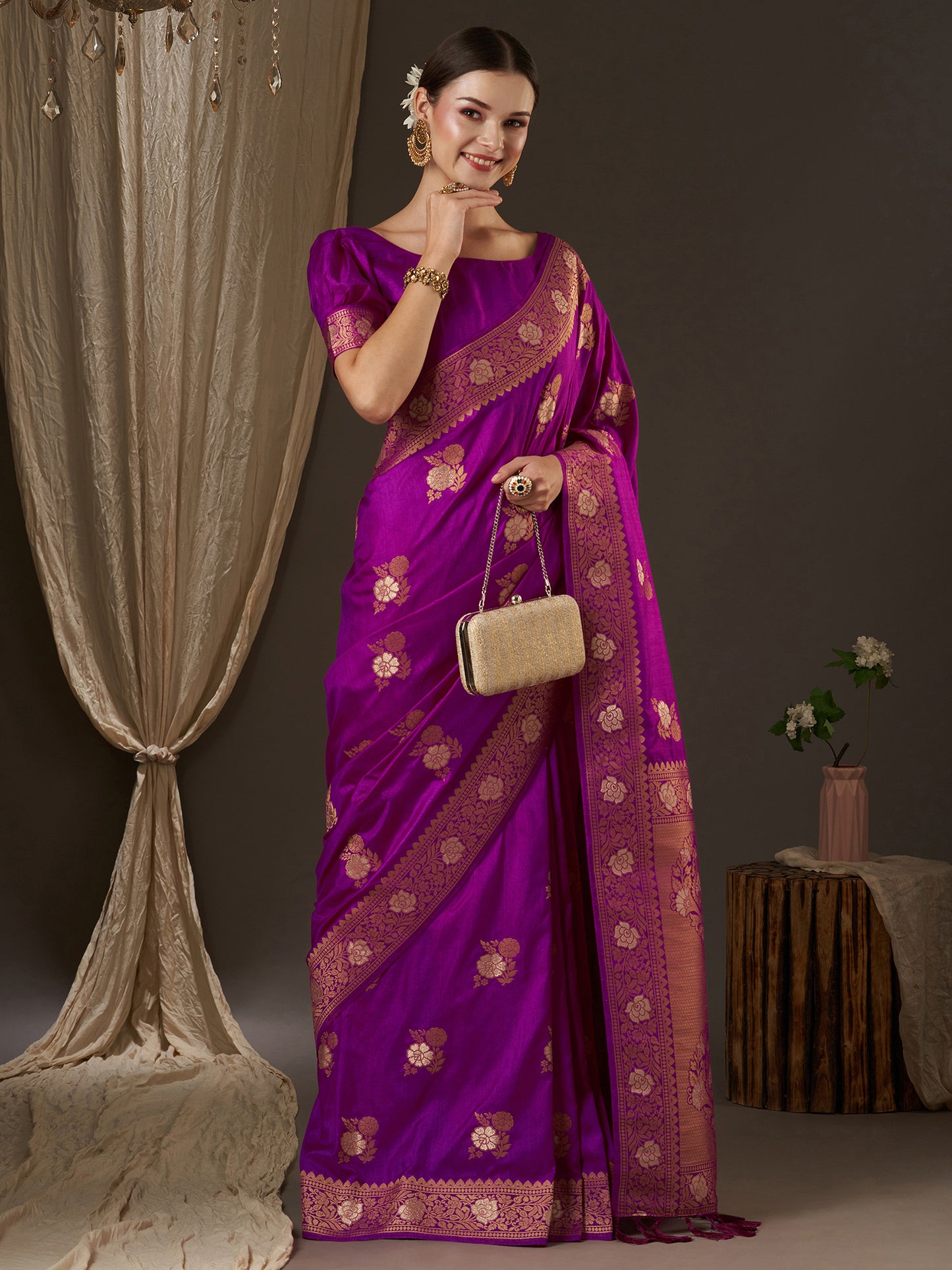 Women's Silk Blend Purple Woven Design Designer Saree With Blouse Piece