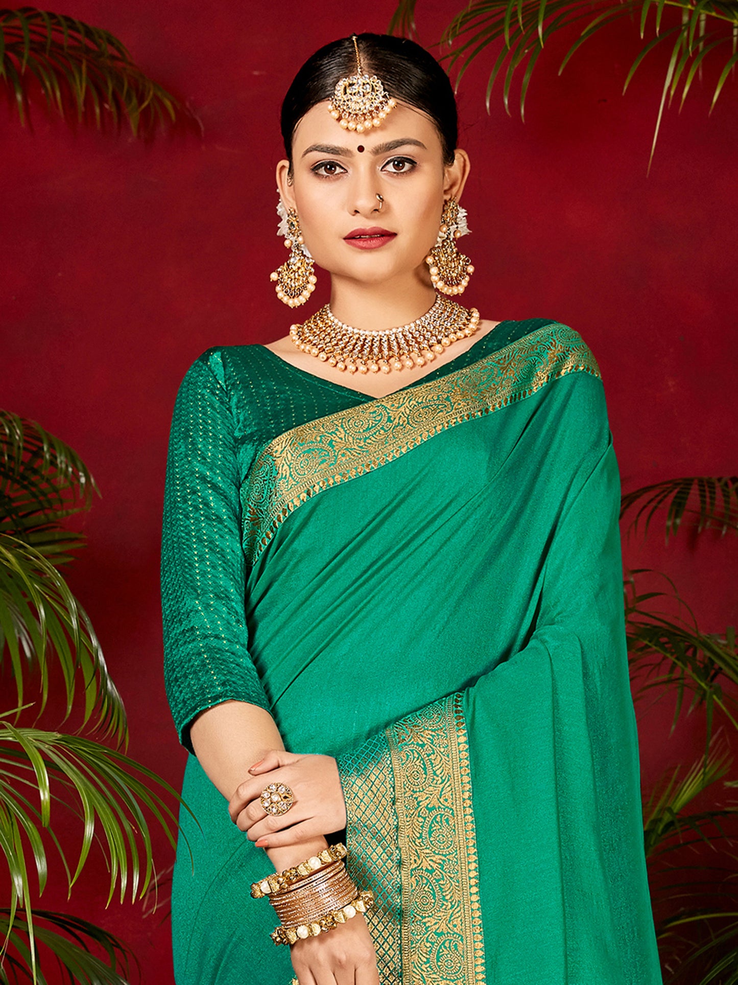 Women's Vichitra Silk Sea Green Embellished Designer Saree With Blouse Piece