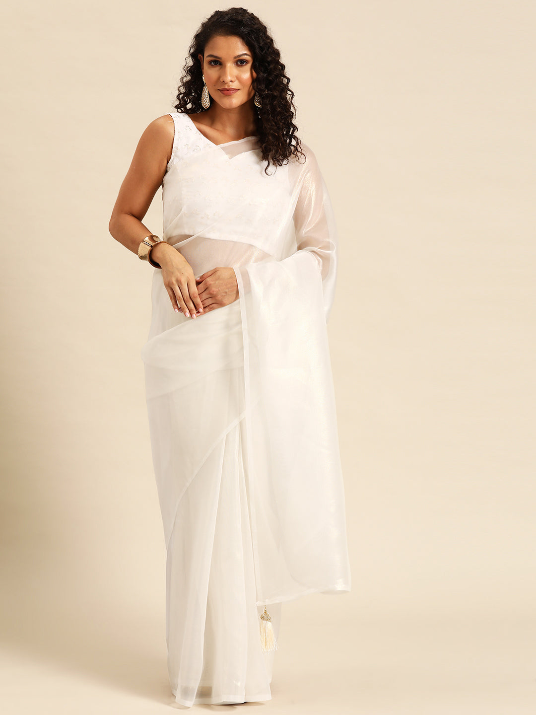 Dhiyona GR Women's Shylaa Dove White Solid Zari Design Organza Saree