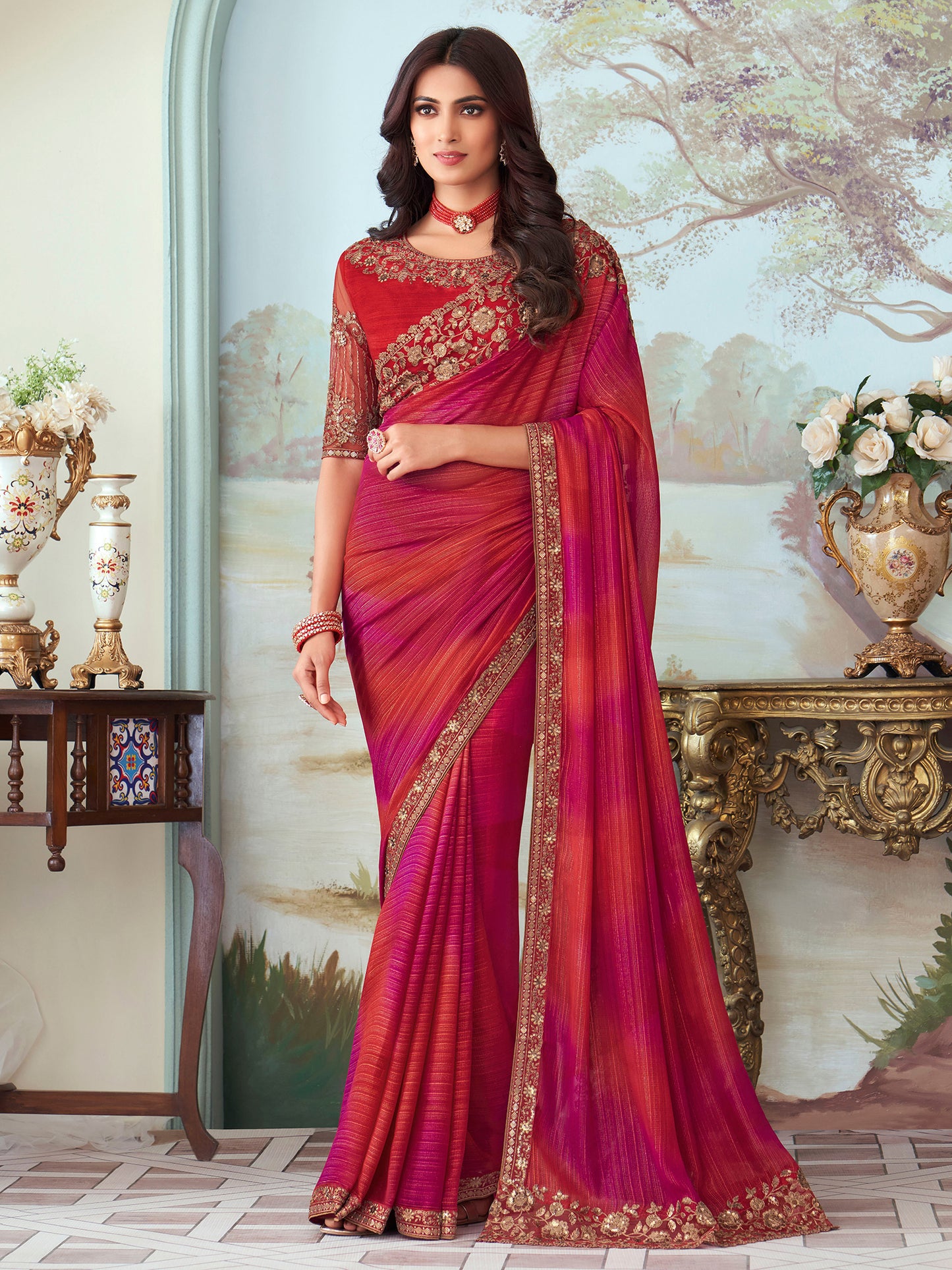 Women's Chiffon Pink Embellished Designer Saree With Blouse Piece