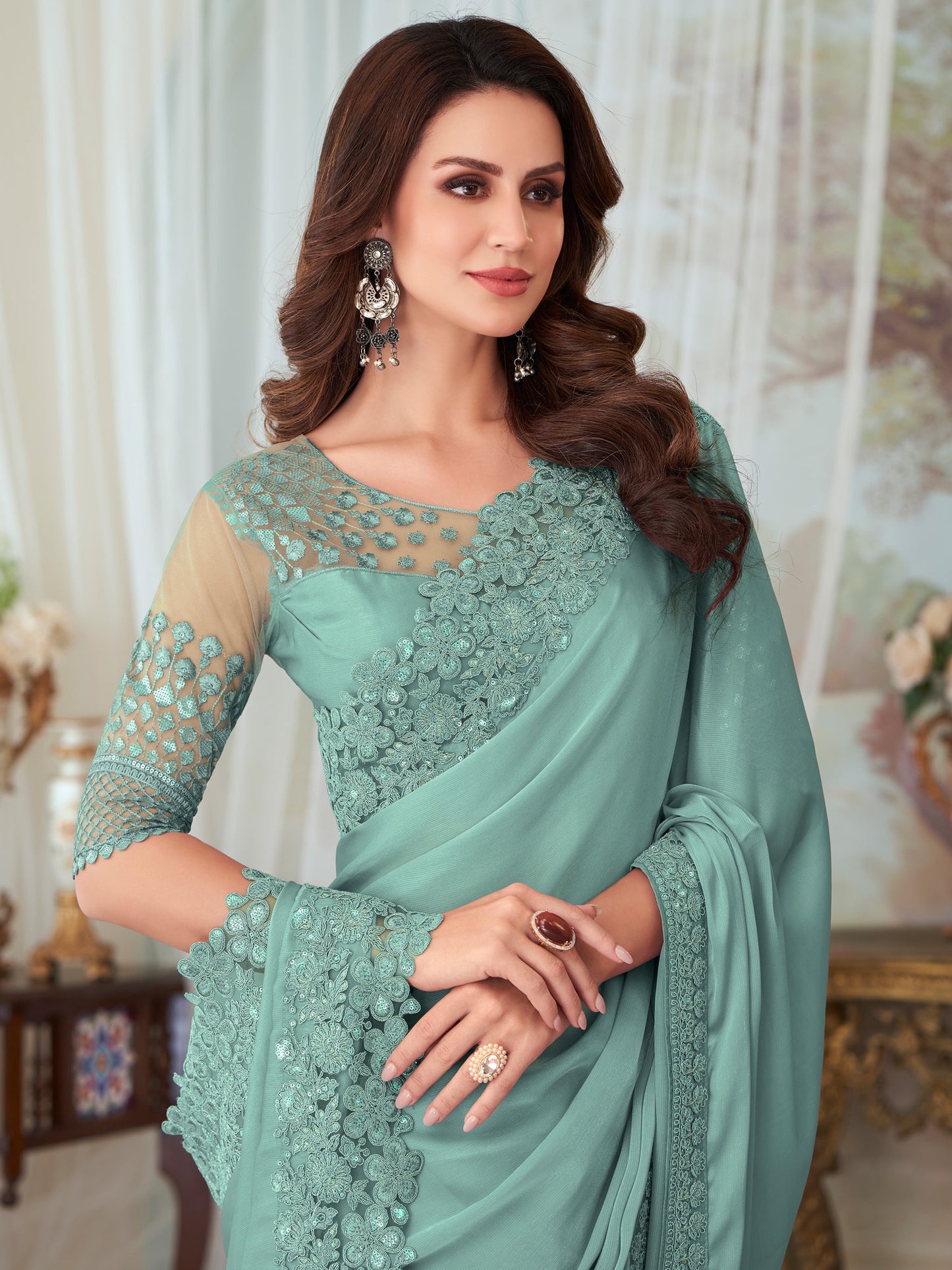 Women's Silk Blend Sea Green Embellished Designer Saree With Blouse Piece