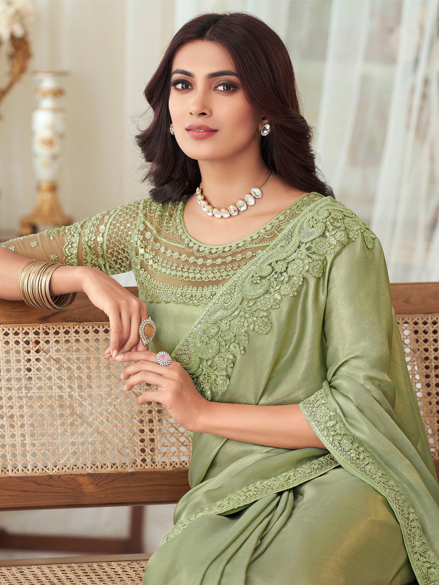 Women's Silk Blend Olive Embellished Designer Saree With Blouse Piece