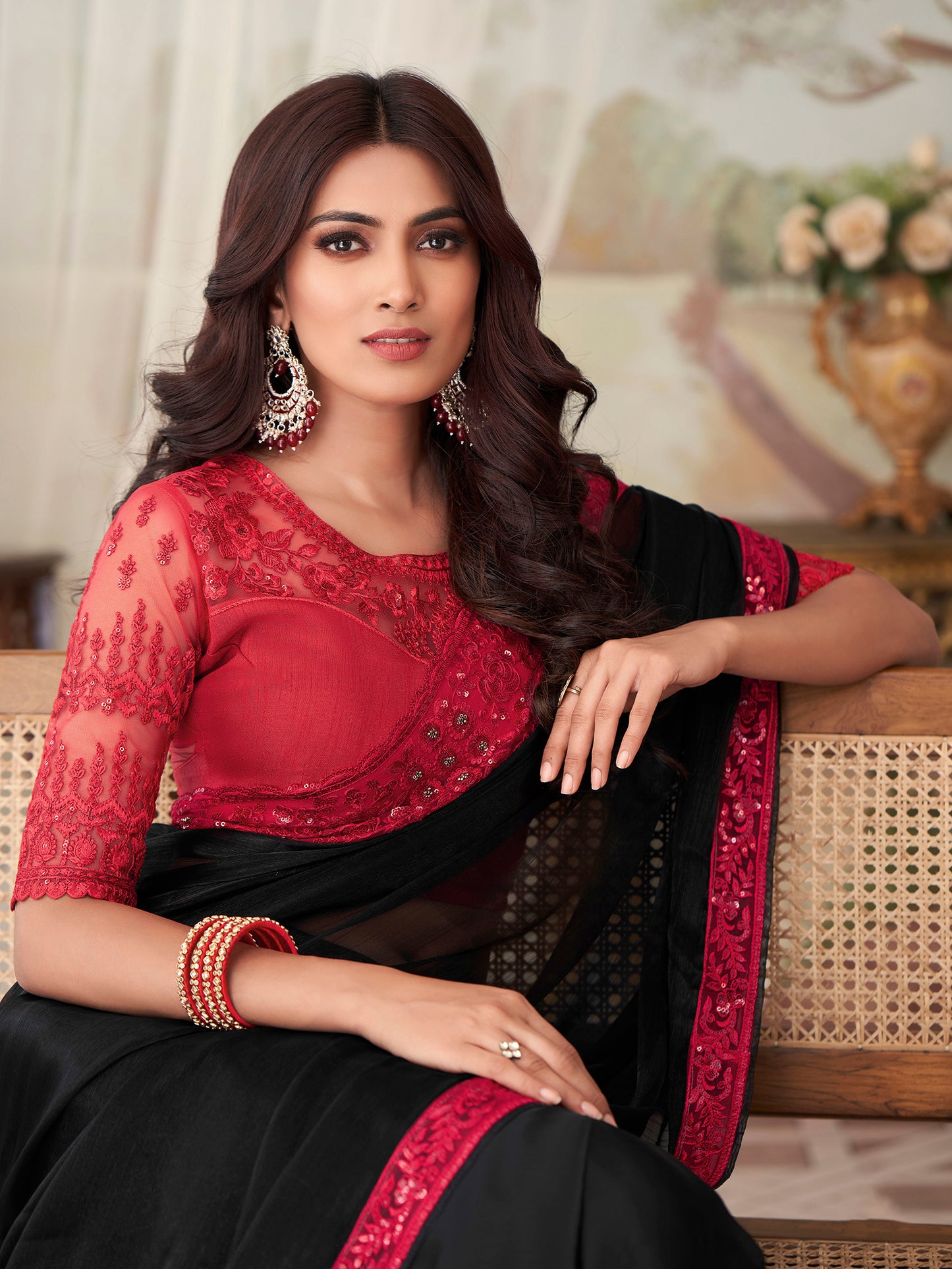 Women's Silk Blend Black Embellished Designer Saree With Blouse Piece
