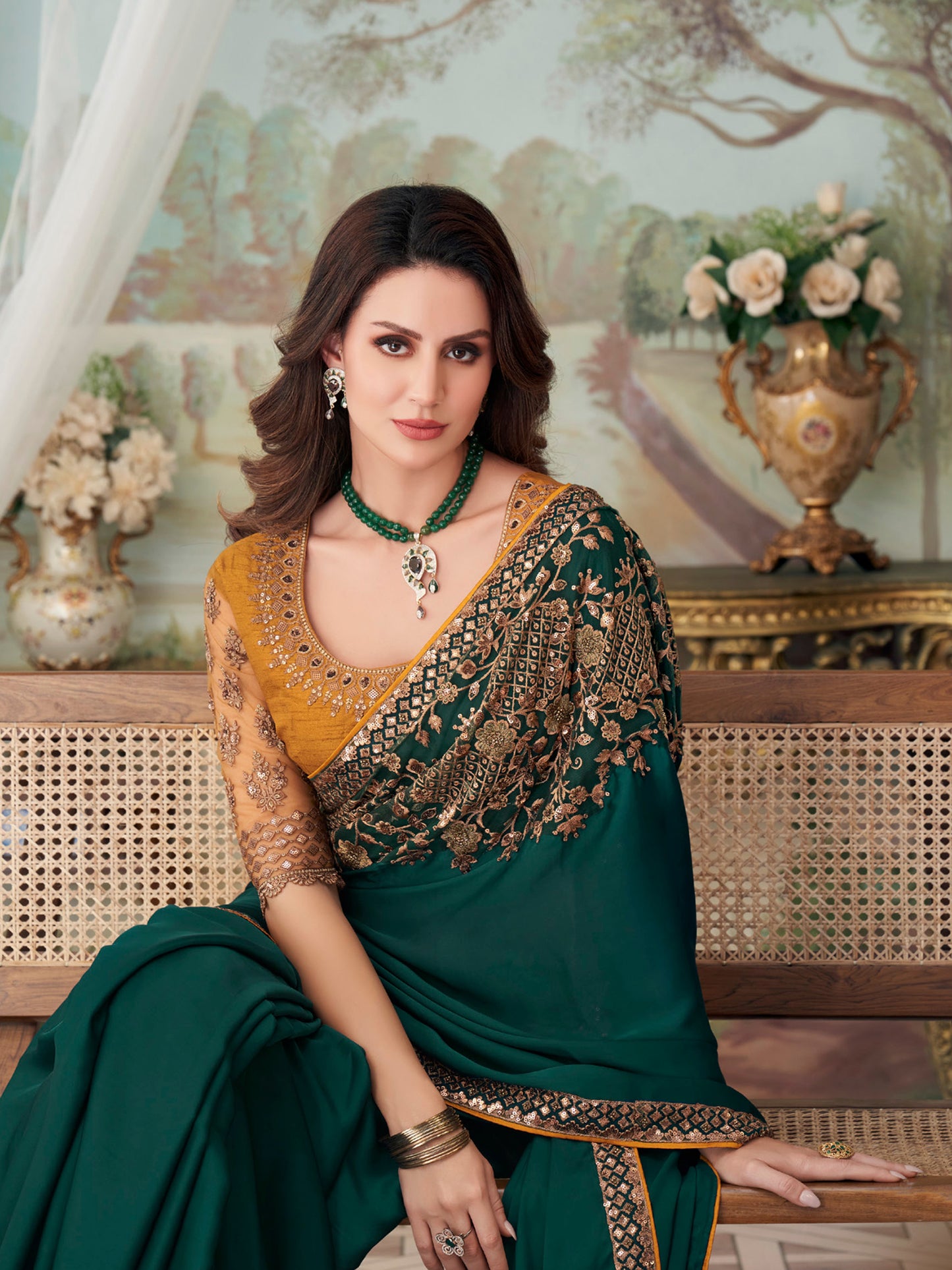 Women's Satin Silk Teal green Embellished Designer Saree With Blouse Piece